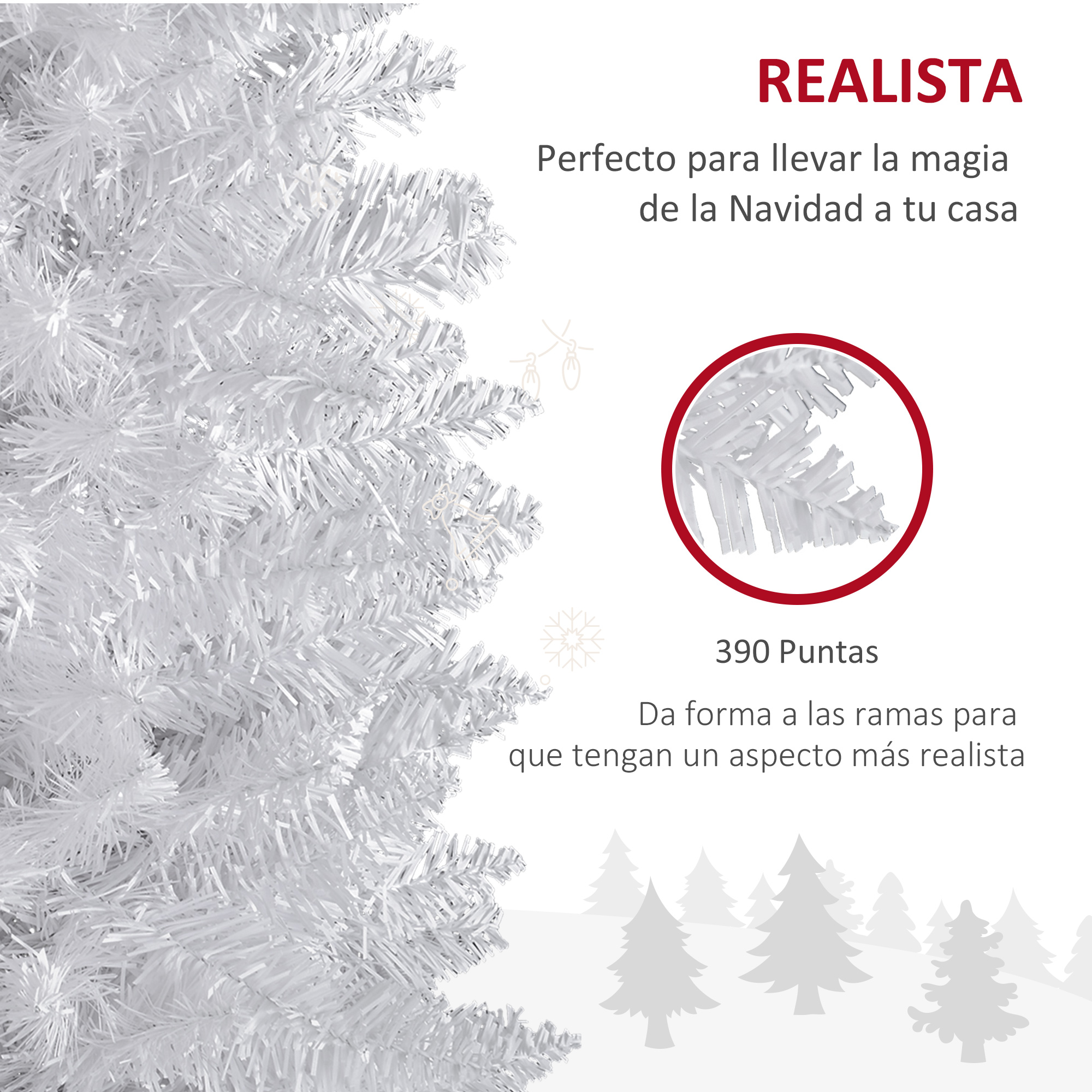 Primer plano de un árbol de Navidad blanco con texto 'Realista' y '390 Puntas', con un dibujo.