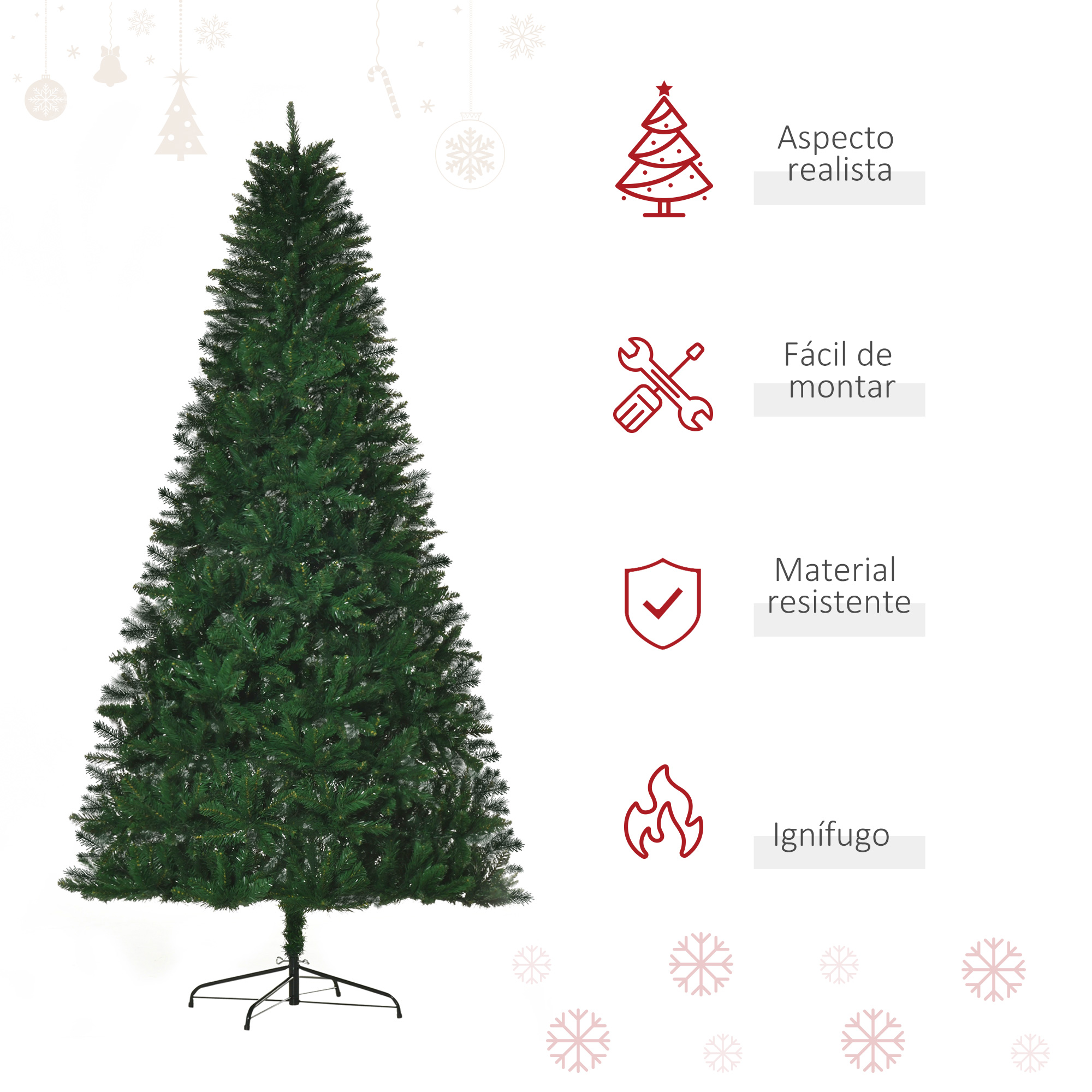 Árbol de Navidad verde con iconos que indican aspecto realista, fácil montaje y resistencia al fuego.