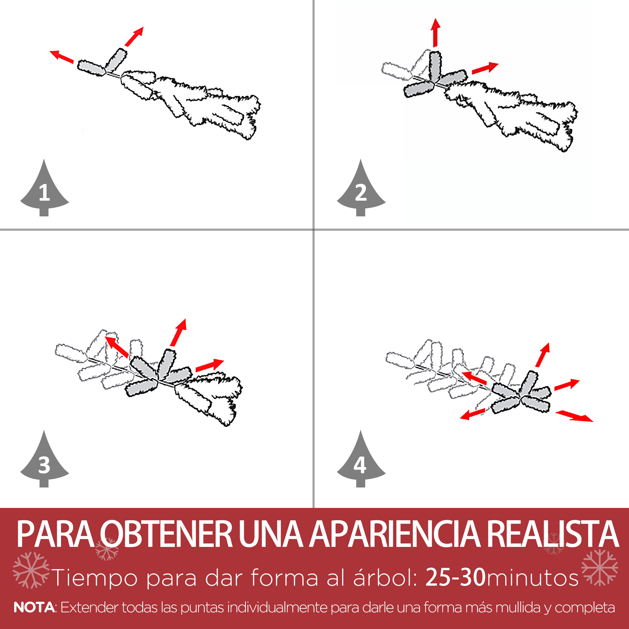 Instrucciones sobre cómo dar forma a un árbol de Navidad para obtener una apariencia realista en cuatro pasos.