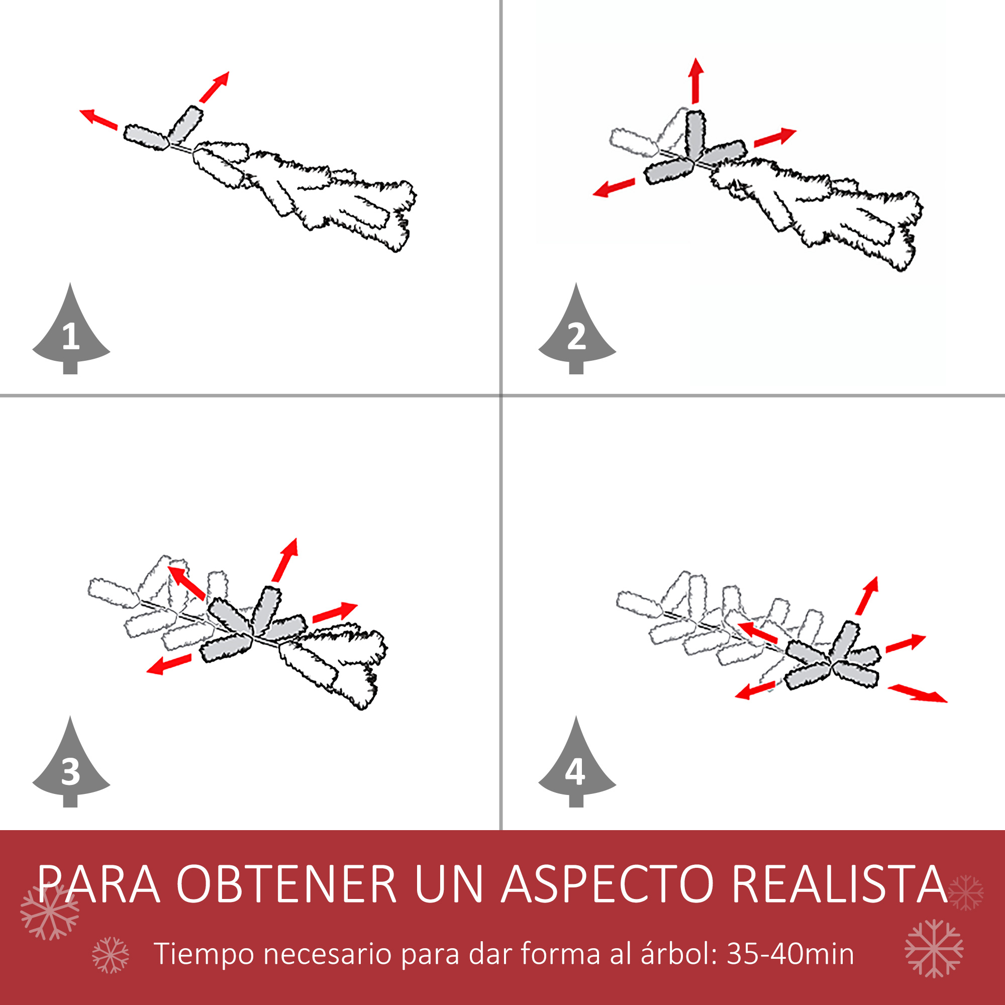 Pasos de montaje para un árbol de Navidad, etiquetados 1-4 con flechas rojas, sobre fondo blanco.