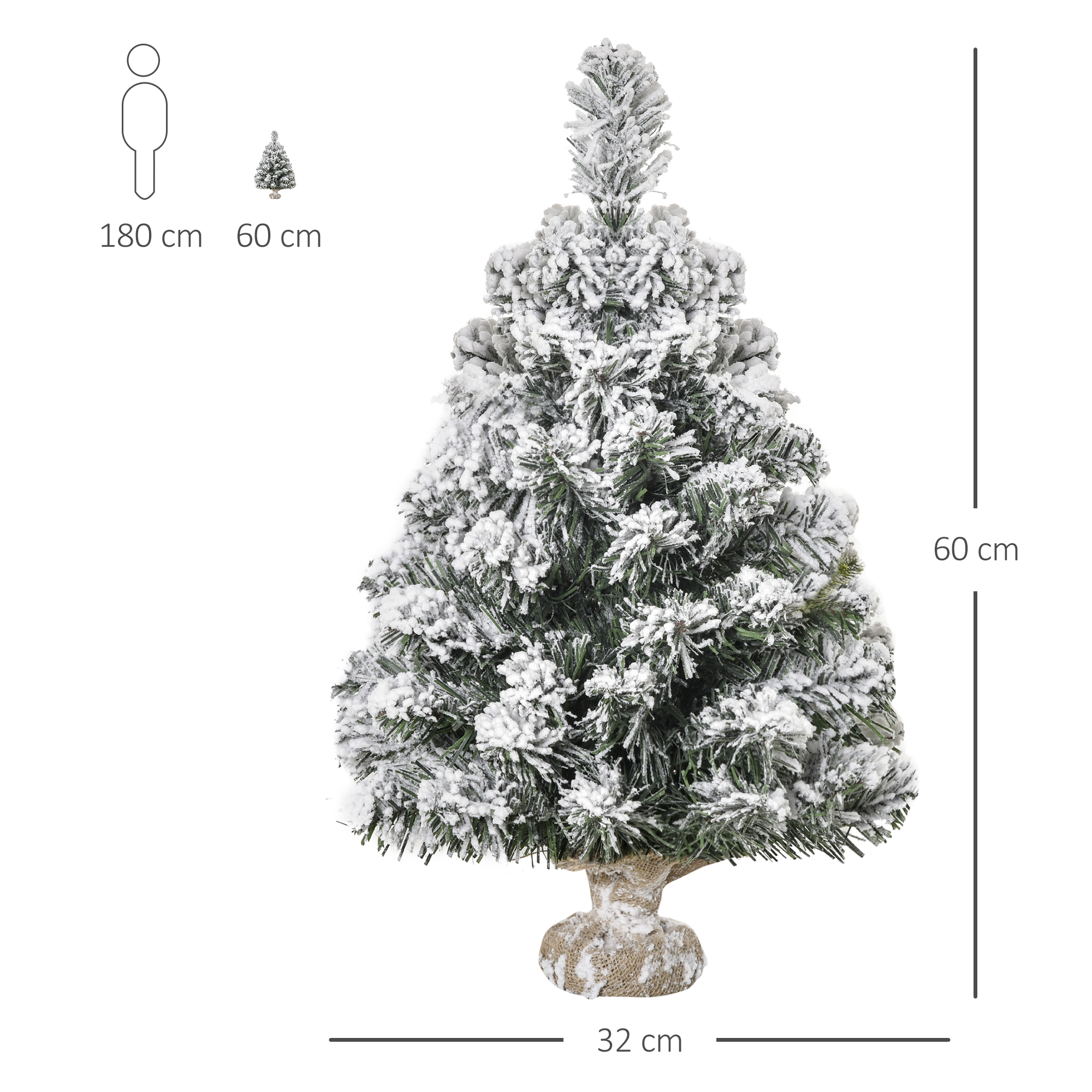 Pequeño árbol de Navidad cubierto de nieve con medidas de altura y diámetro de la base. Icono de persona para escala.