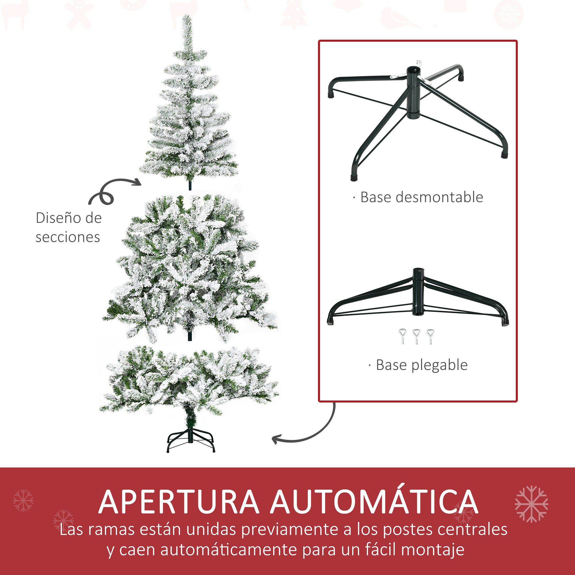 Diagrama de un árbol de Navidad nevado desmontado, mostrando la base y secciones.