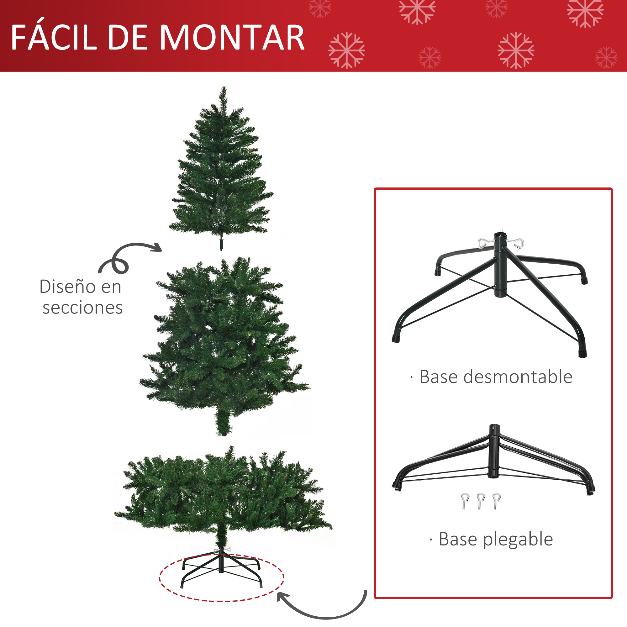 Secciones de árbol de Navidad con opciones de base. El texto indica fácil montaje y diseño seccional.