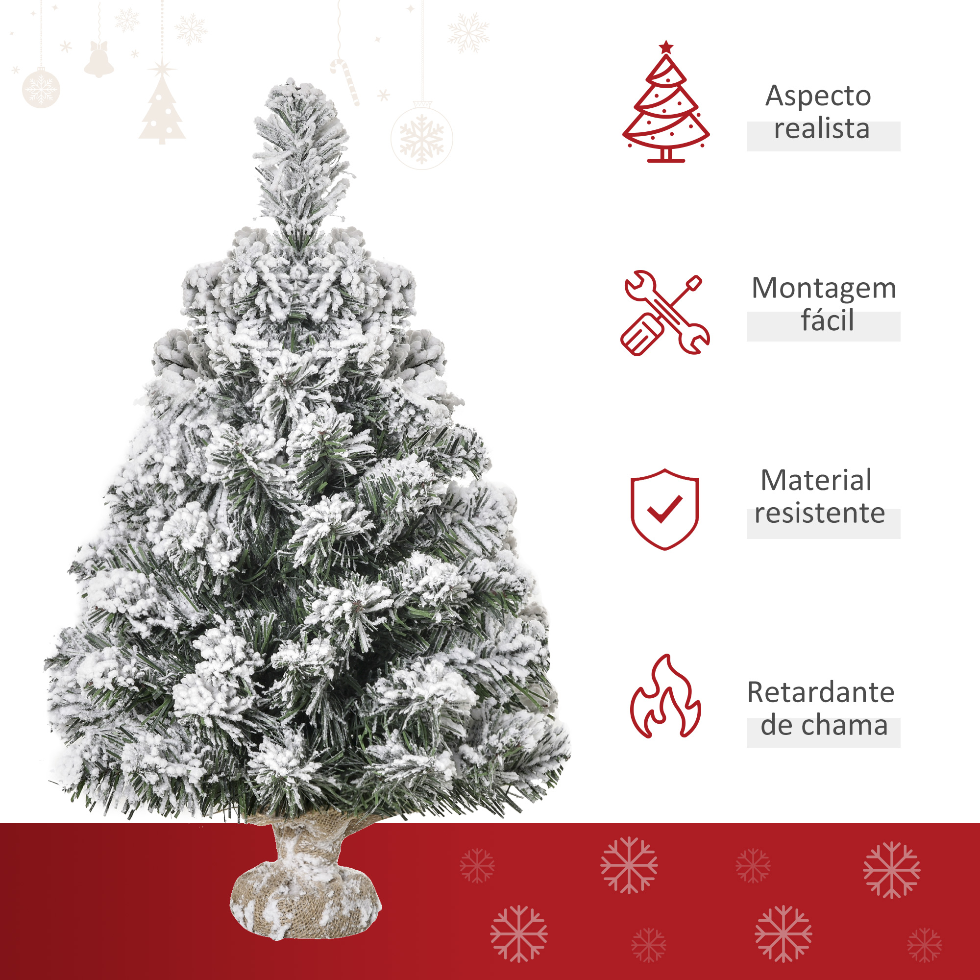 Árbol de Navidad artificial cubierto de nieve con iconos: realista, fácil, resistente, ignífugo.