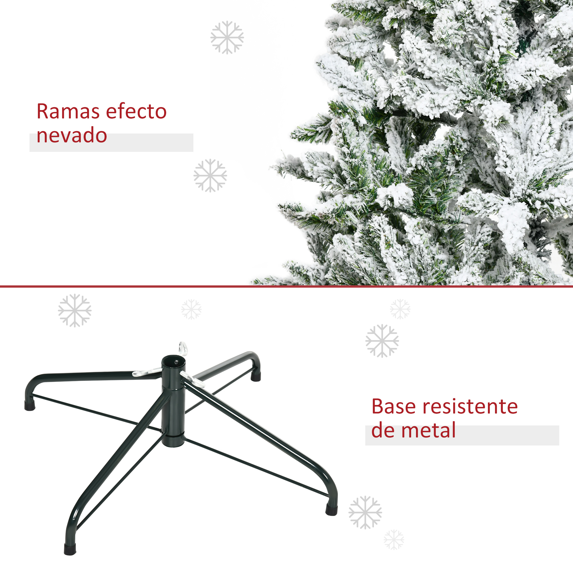 Ramas con efecto de nieve y base de metal para árbol de Navidad. Efecto de nieve blanco y base negra.