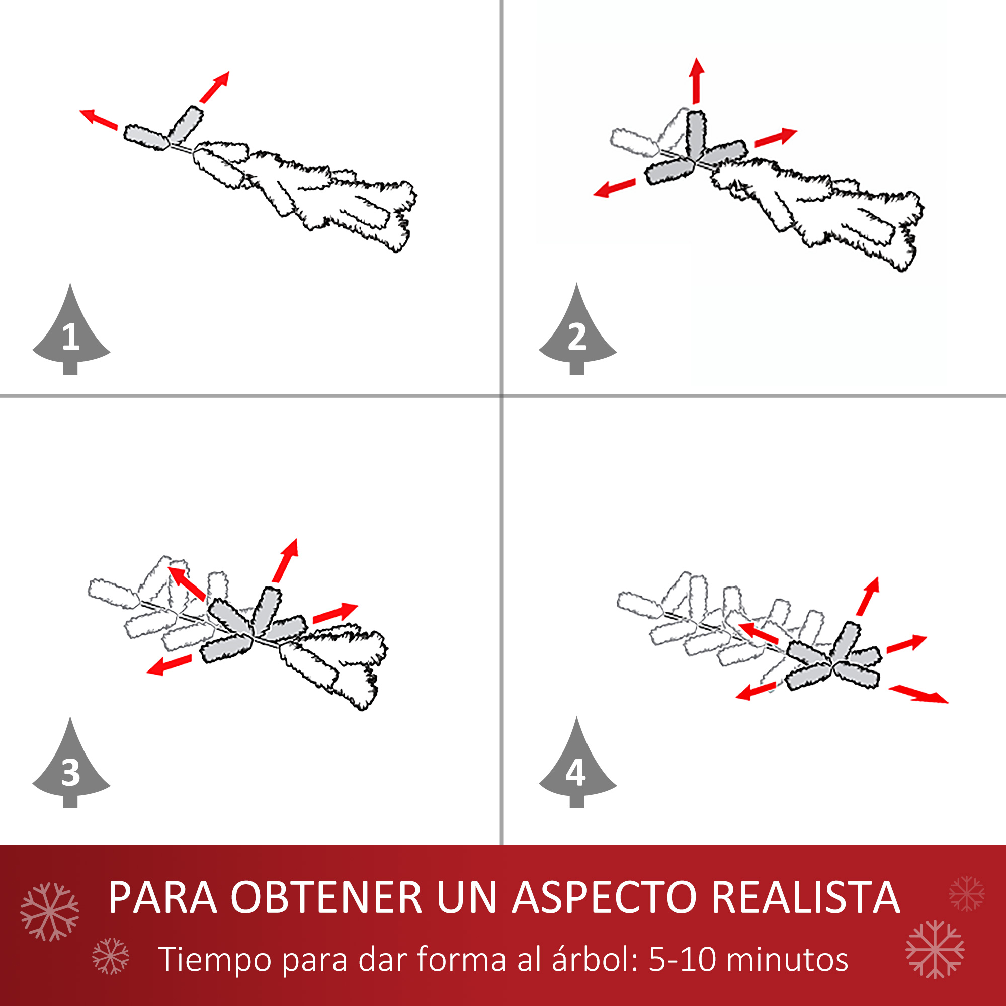 Diagrama que muestra cómo dar forma a un árbol de Navidad. Flechas indican direcciones de ramas para aspecto realista.