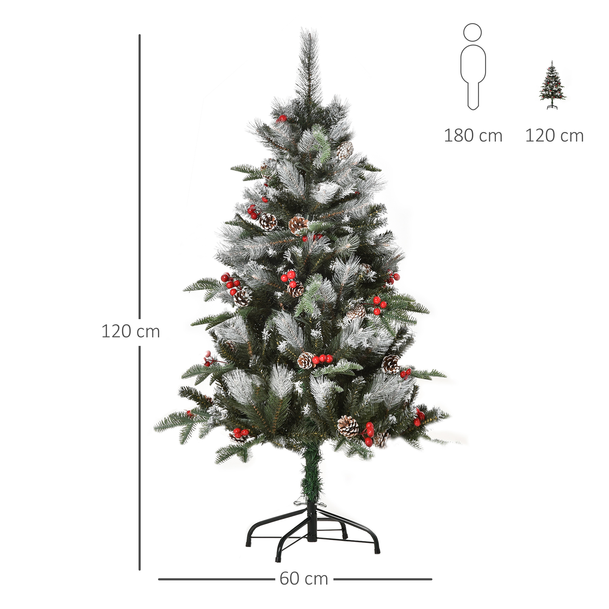 Árbol de Navidad con nieve, bayas rojas y comparaciones de tamaño con una persona.