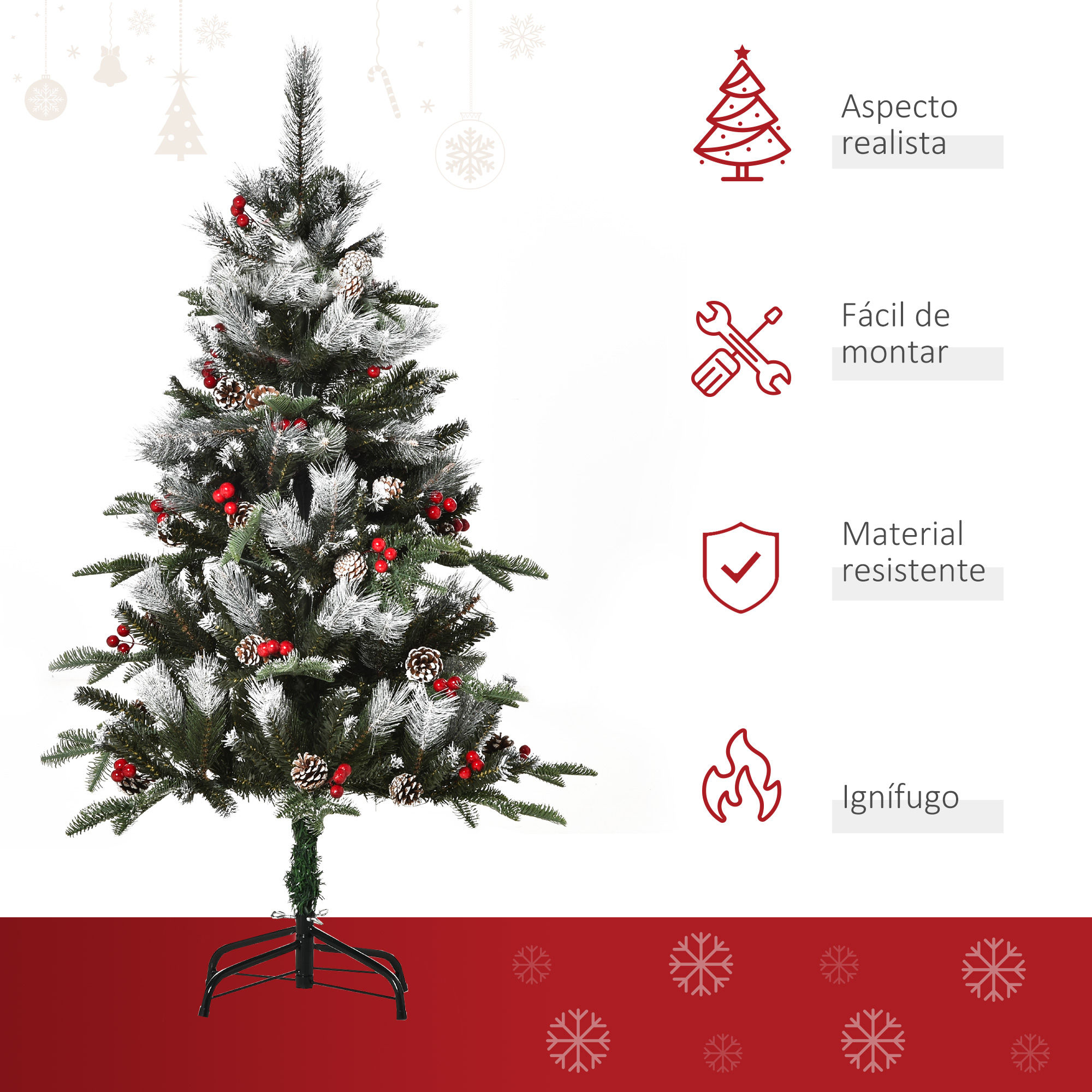 Un árbol de Navidad decorado sobre un soporte. Bayas rojas y piñas visibles. Revestimiento blanco parecido a la nieve.