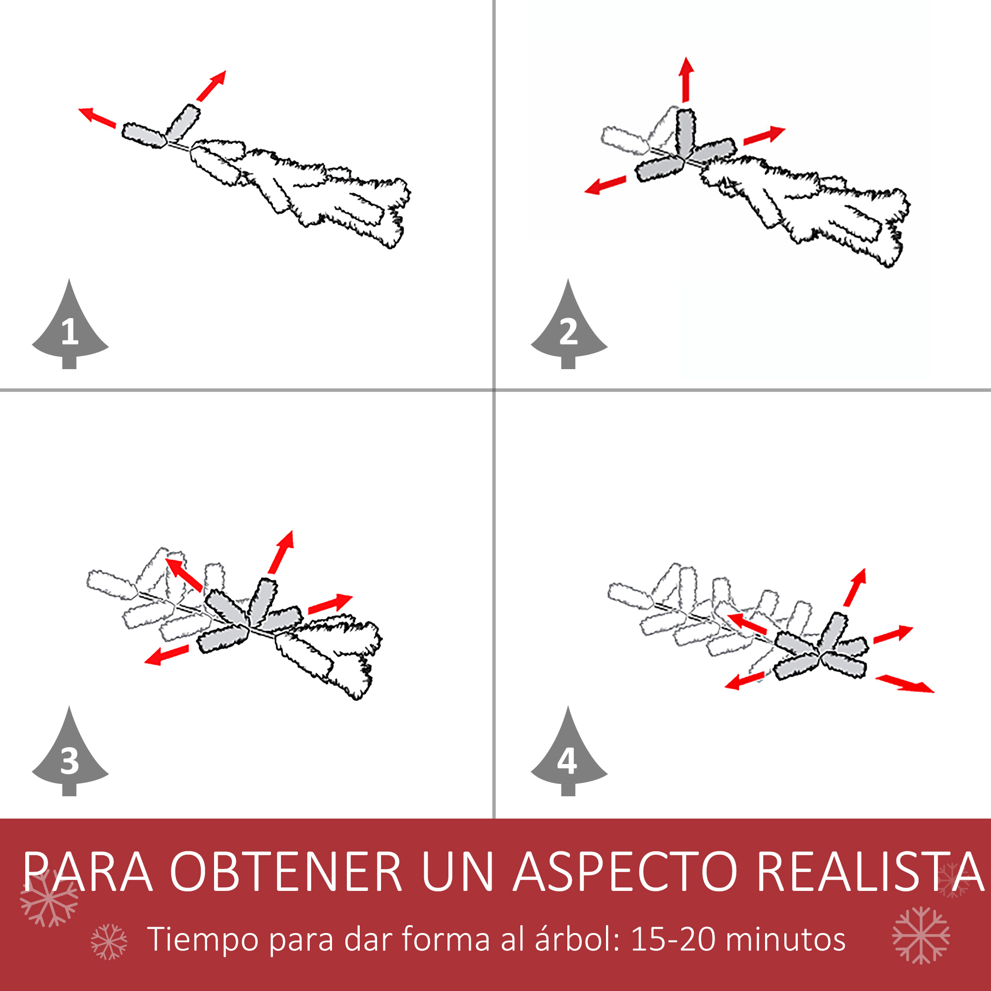 Una secuencia de cuatro imágenes que muestran los pasos para dar forma a un árbol de Navidad para un aspecto realista.