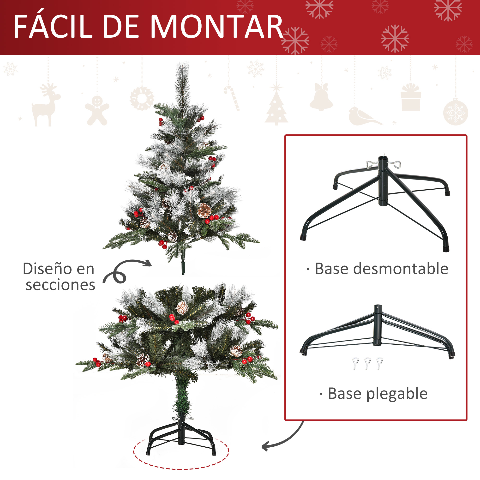 Árbol de Navidad artificial. Texto: Fácil de montar. Muestra el árbol en secciones y base desmontable y plegable.