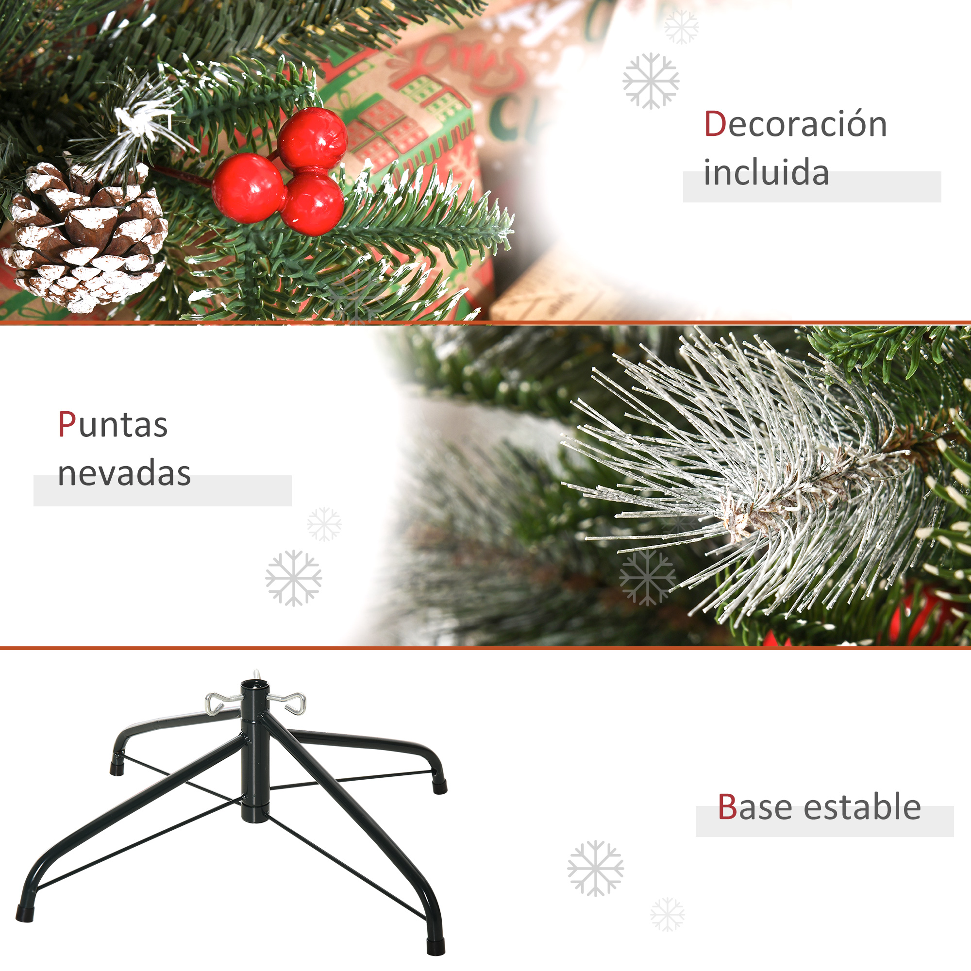 Detalles de un árbol de Navidad: puntas nevadas, bayas rojas y una base estable. Decoración incluida.