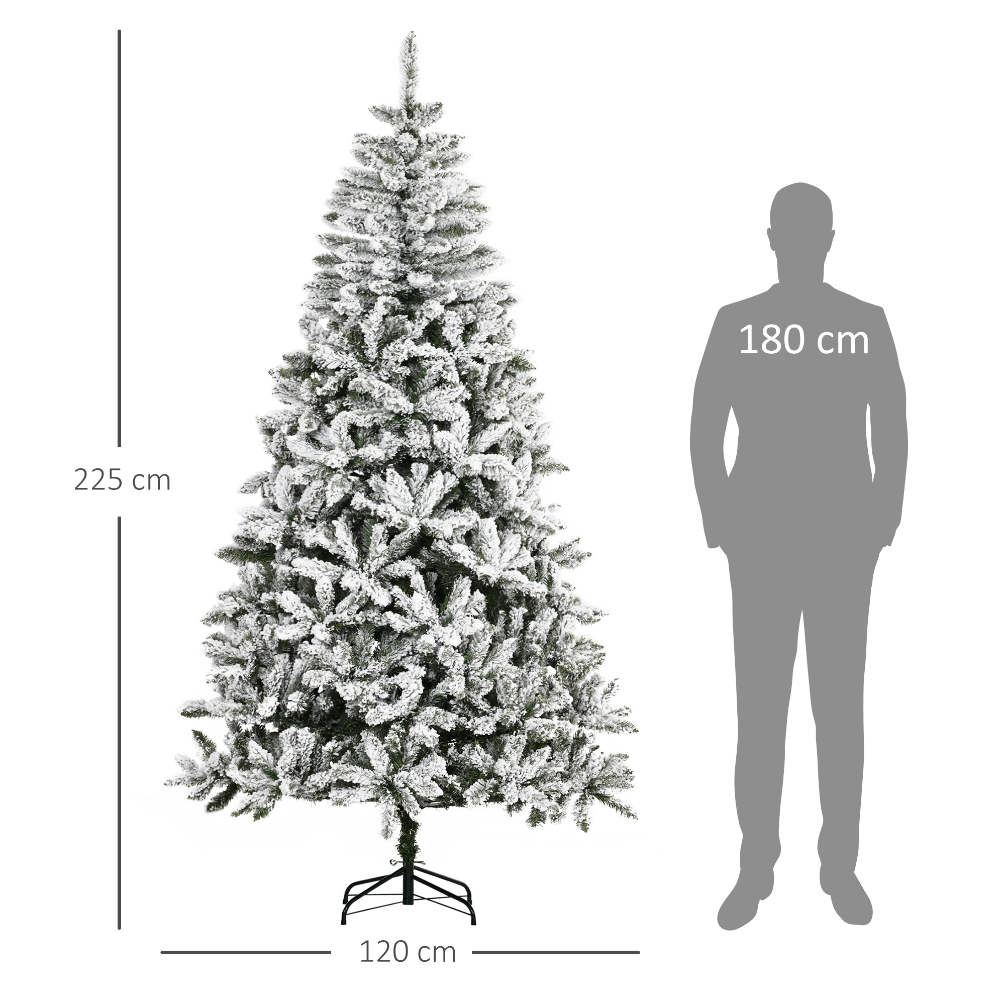 Árbol de Navidad cubierto de nieve, 225 cm de alto, con silueta de 180 cm, sobre fondo blanco.
