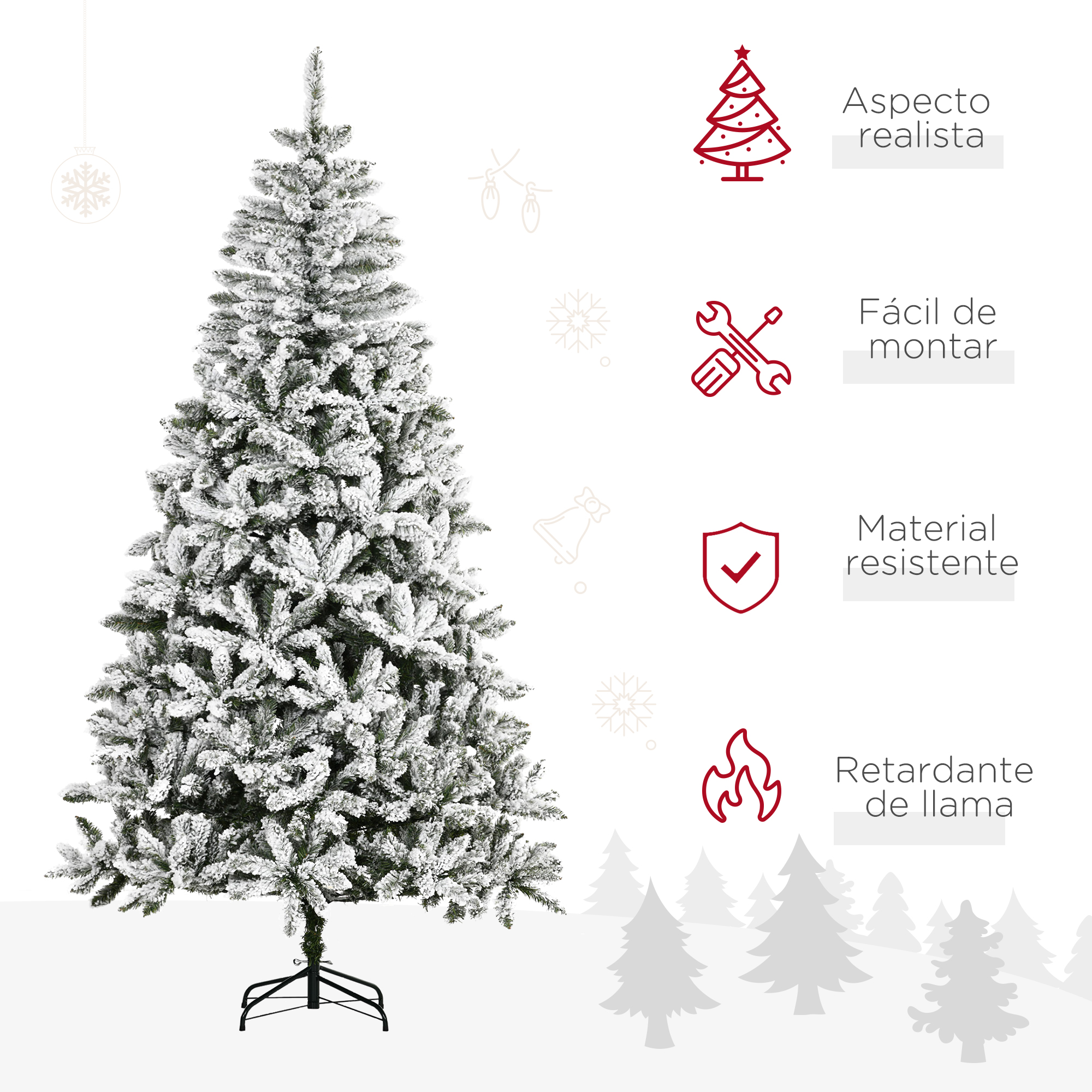 Un árbol de Navidad cubierto de nieve con nieve blanca y ramas verdes, con iconos y un bosque al fondo.