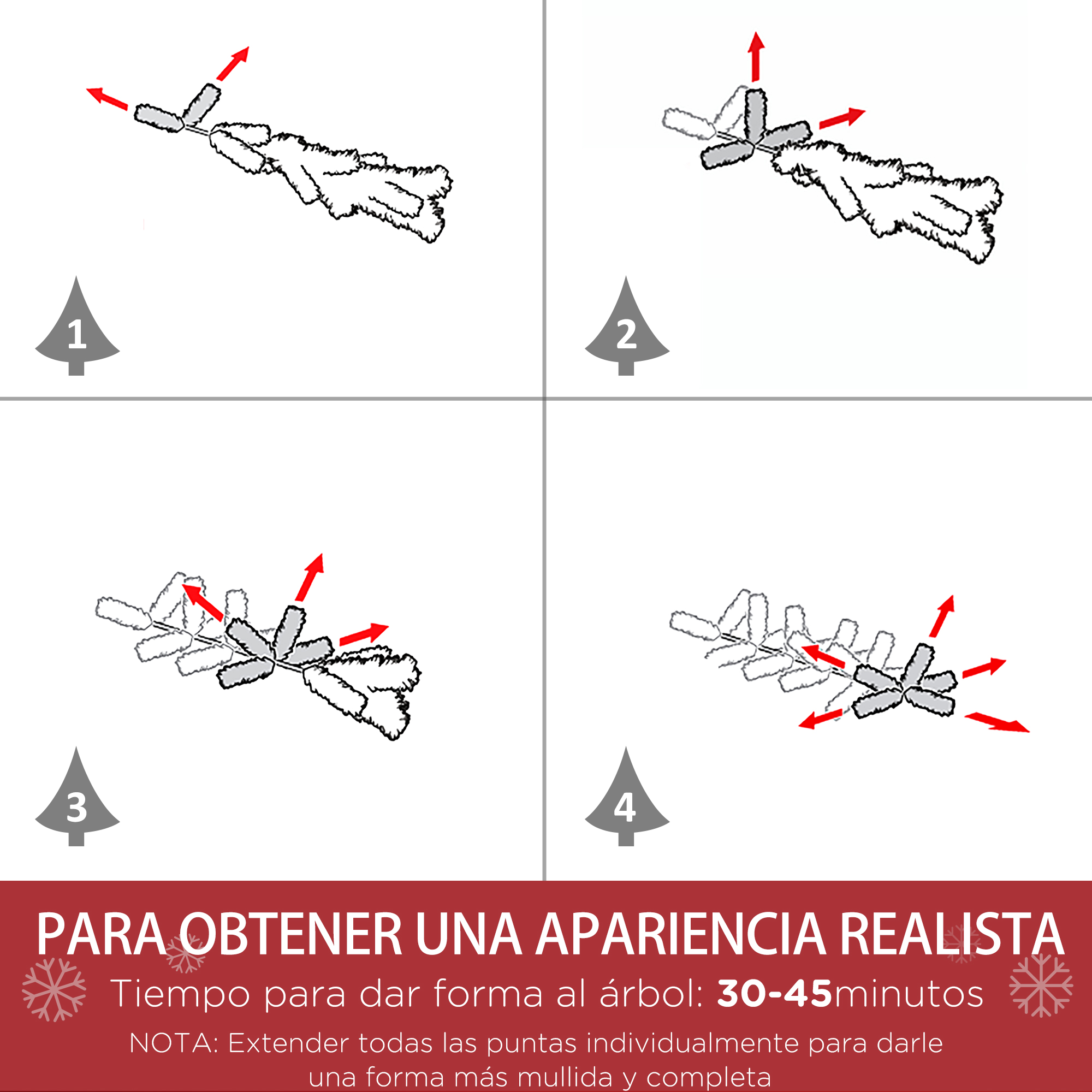 Instrucciones para dar forma a las ramas del árbol de Navidad para una apariencia realista.