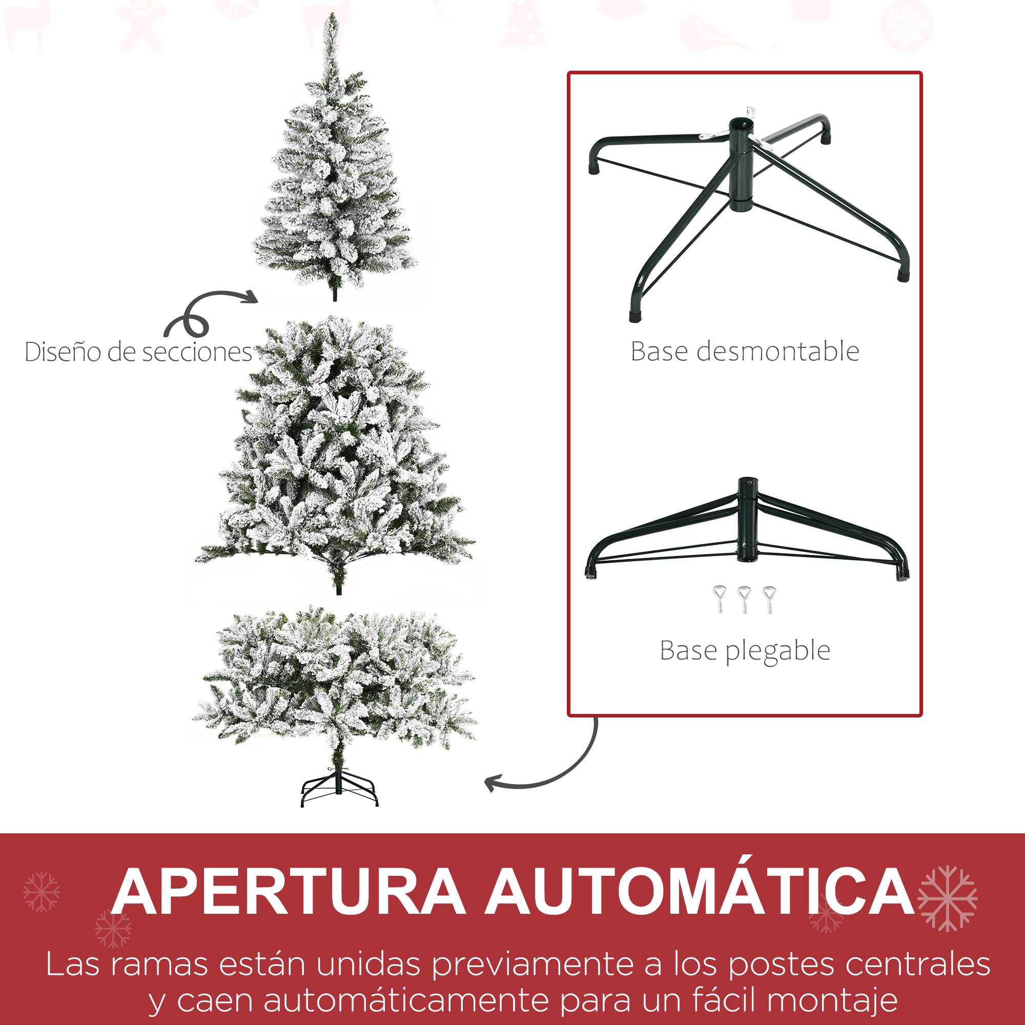 Diagrama de un árbol de Navidad artificial con diseño seccionado y base desmontable.