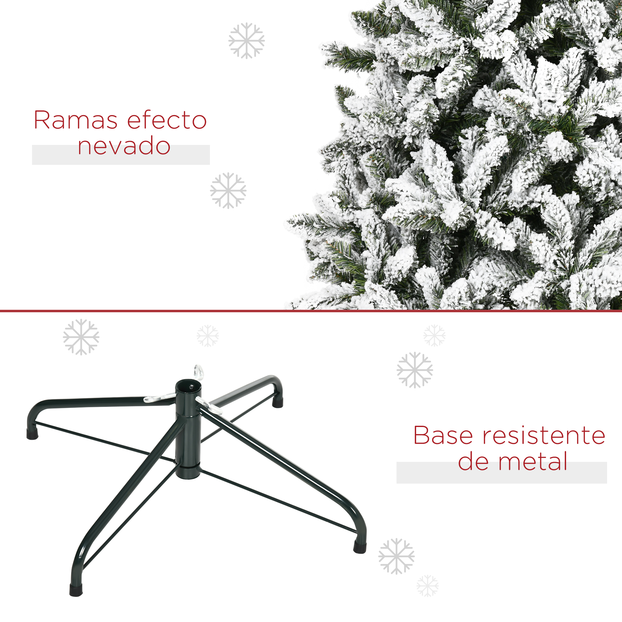 Primer plano de una rama de árbol de Navidad nevada y su base metálica. Copos de nieve en el fondo.
