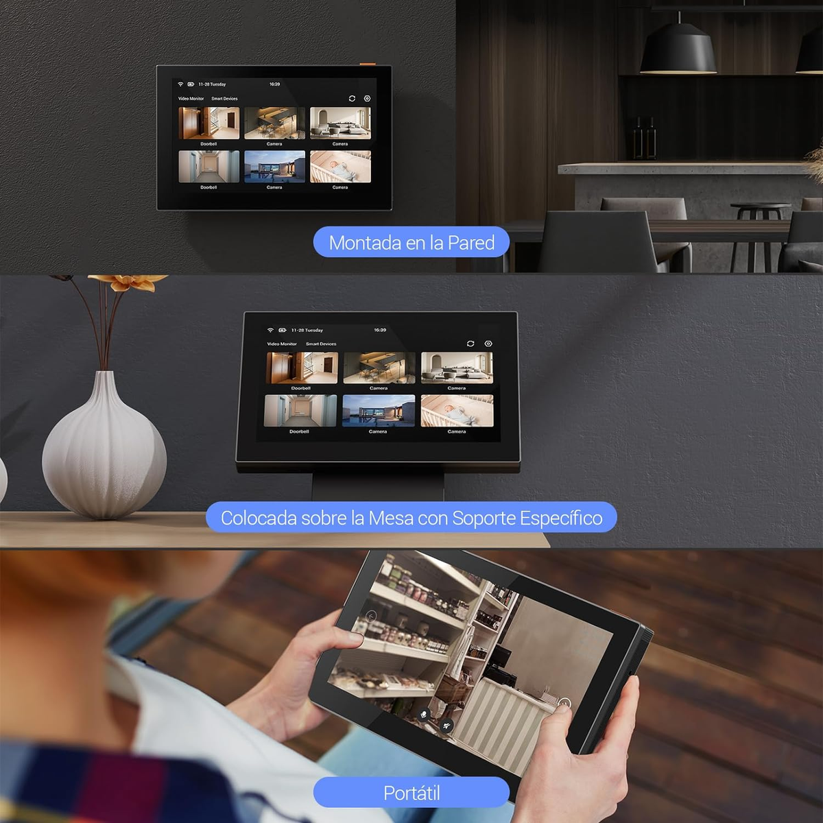 Trzy obrazy pokazują monitor wyświetlający widoki z kamery bezpieczeństwa, zamontowany na ścianie, stole i trzymany.