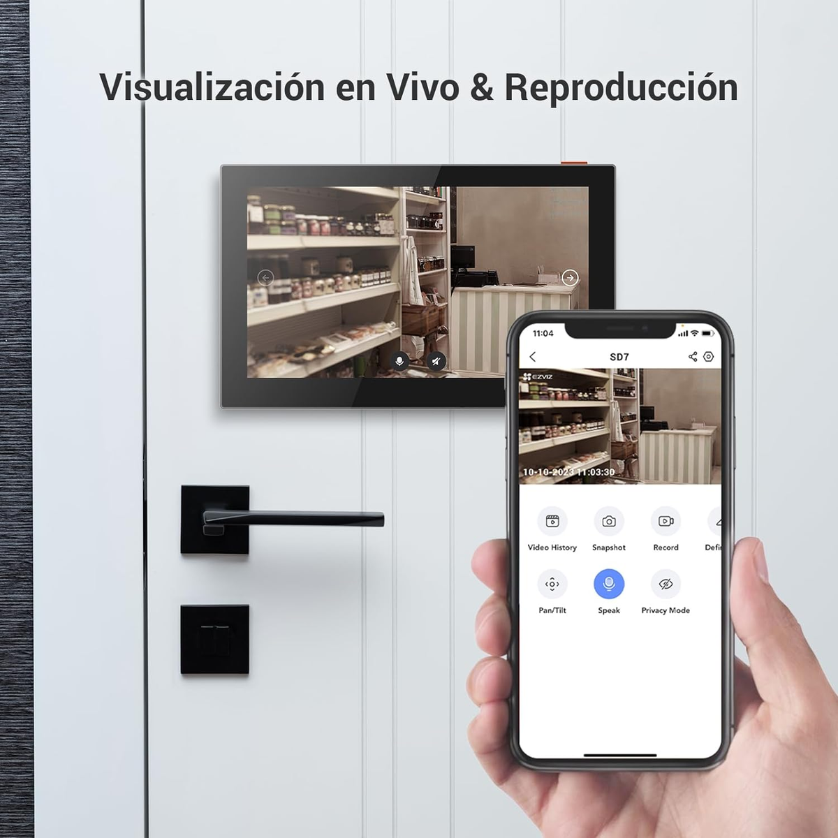 Ekran wyświetla wnętrze sklepu z telefonem, wideo i opcjami sterowania.