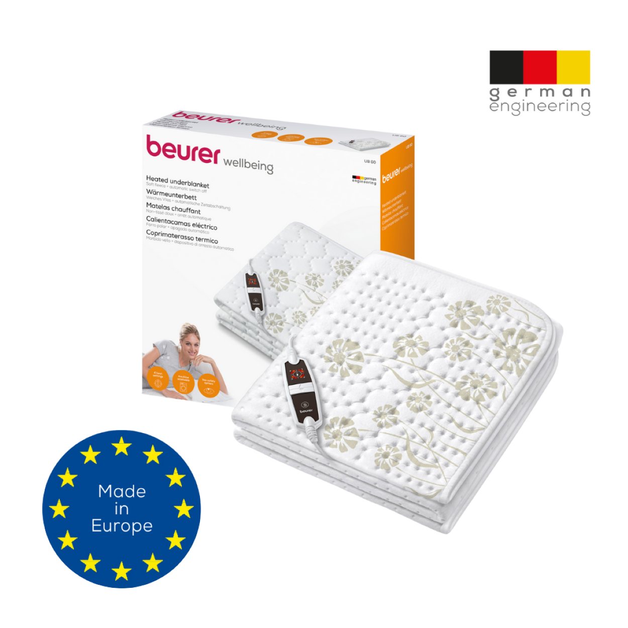 Weiße beheizbare Unterbettdecke und Karton mit Text: Beurer wellbeing. Aufkleber Made in Europe und Logo German Engineering.