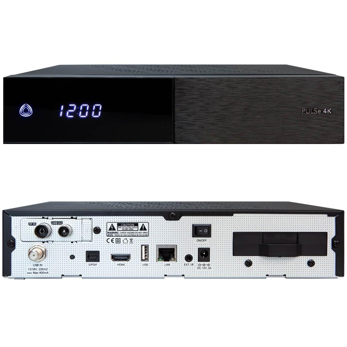 Schwarzer Digitalreceiver mit Anzeige 12:00 und dem Pulse 4K Logo.