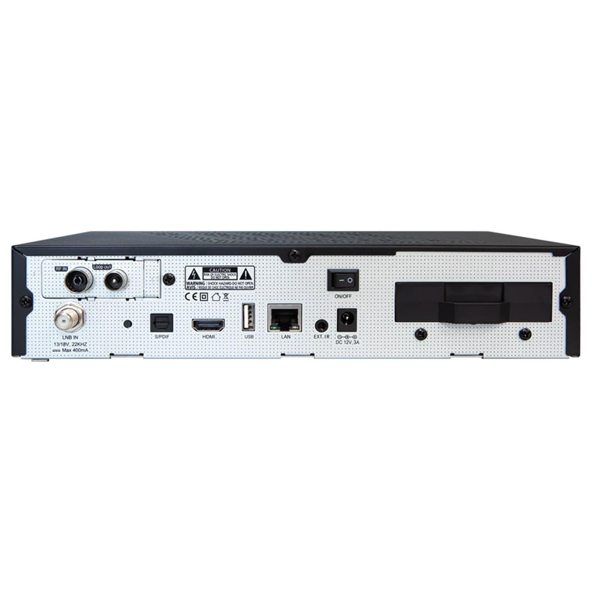 Die Rückseite eines digitalen Empfängers mit mehreren Anschlüssen, darunter HDMI, USB und LAN, und einem Ein/Aus-Schalter.