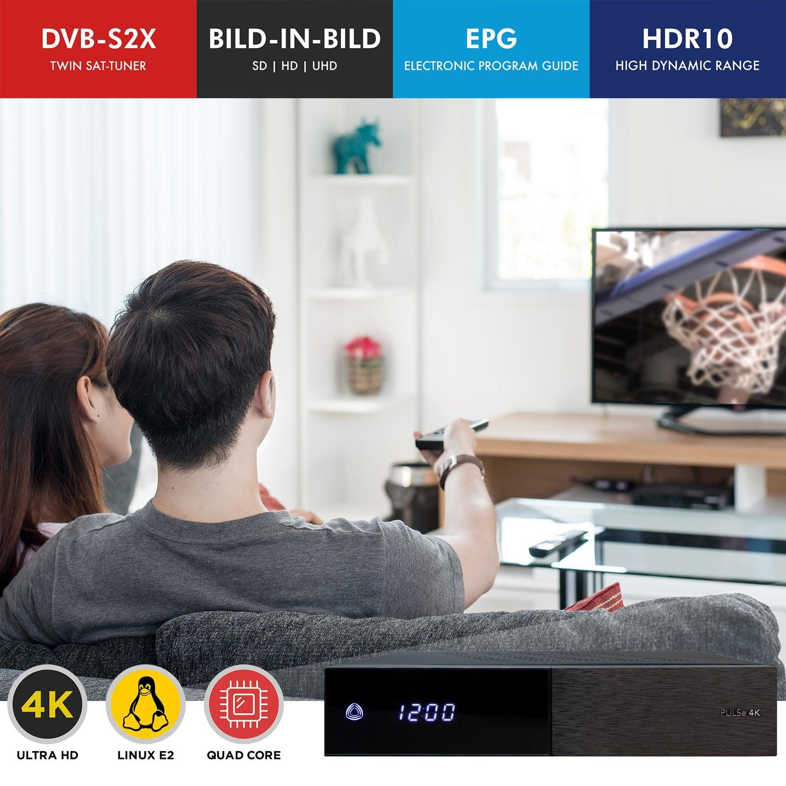 Leute schauen fern, mit Funktionen wie 4K, Linux E2 und HDR10 hervorgehoben.