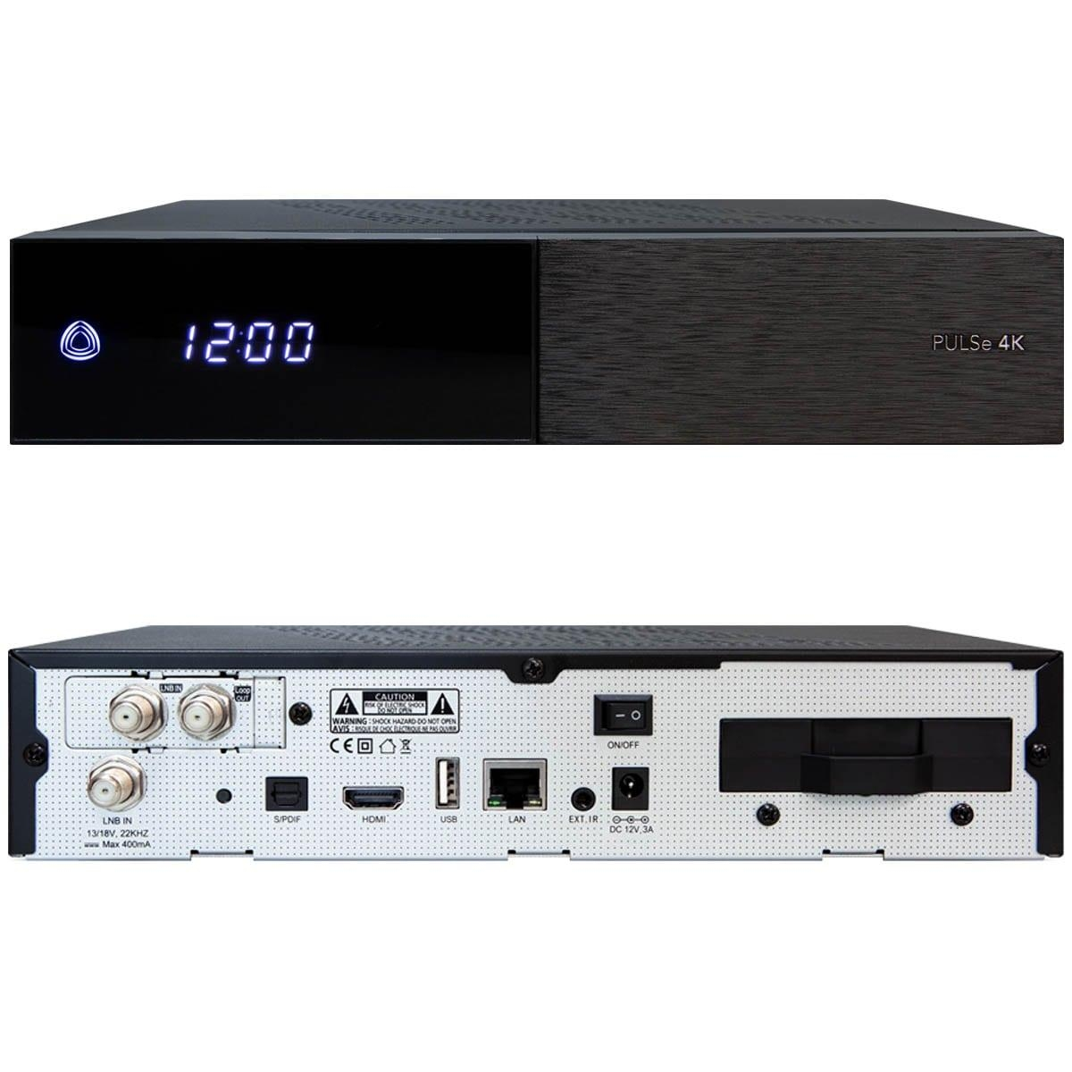 Eine schwarze Pulse 4K Set-Top-Box, Vorder- und Rückansicht, mit Anzeige 12:00.