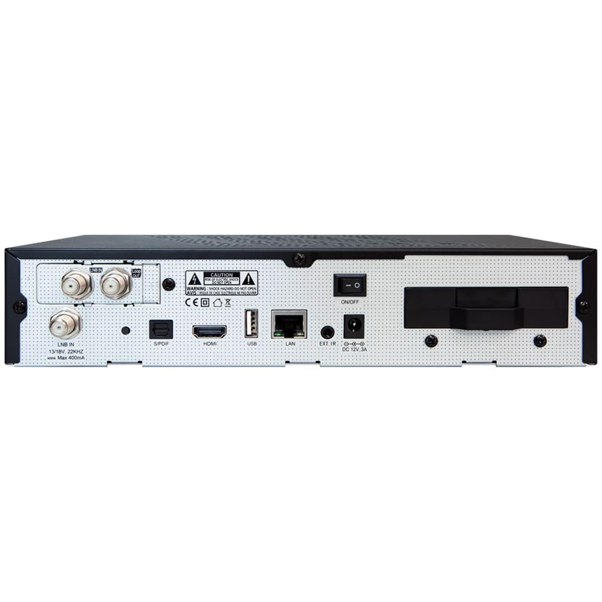 Rückansicht einer schwarzen Set-Top-Box mit verschiedenen Anschlüssen und Beschriftungen.