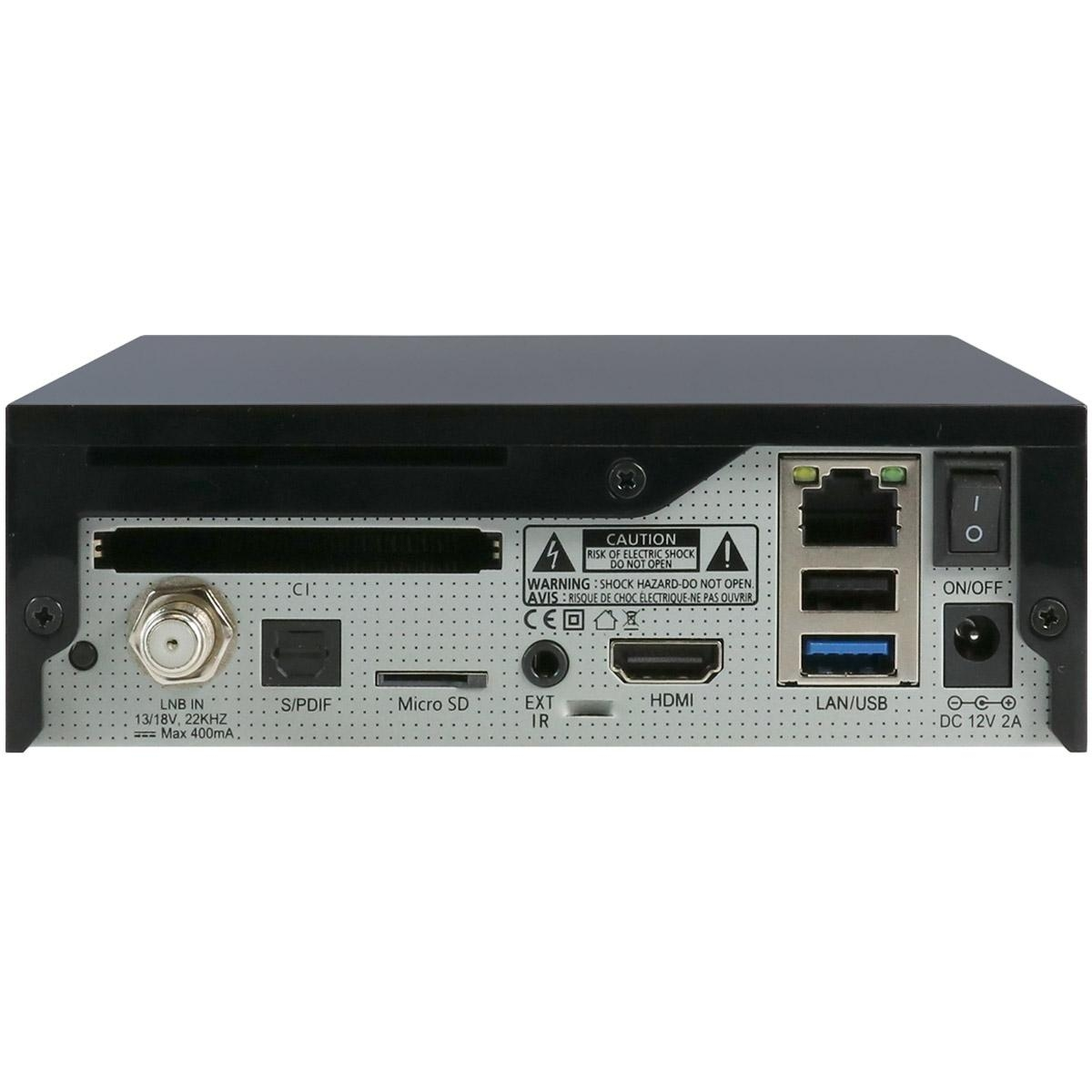 Rückseite eines schwarzen Digitalreceivers mit verschiedenen Anschlüssen und Beschriftungen.