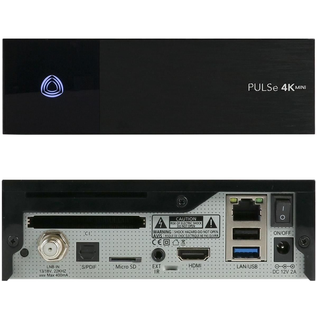 Schwarzer Pulse 4K Mini Receiver. Merkmale: CI-Steckplatz, mehrere Anschlüsse und Ein-/Ausschalter. Hintergrund: weiß.