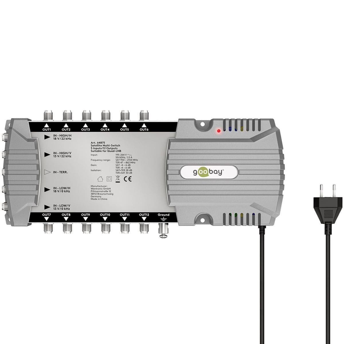 Grauer Satelliten-Multischalter mit Ein- und Ausgängen, und Netzstecker.