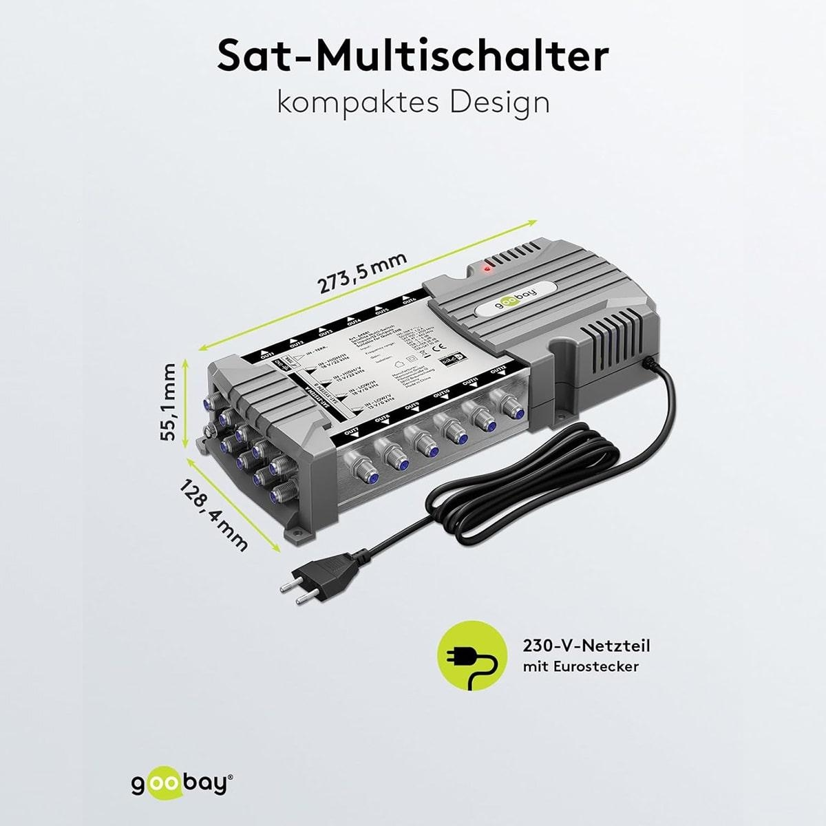Ein grauer Sat-Multischalter mit Netzteil, beschriftet mit Abmessungen.