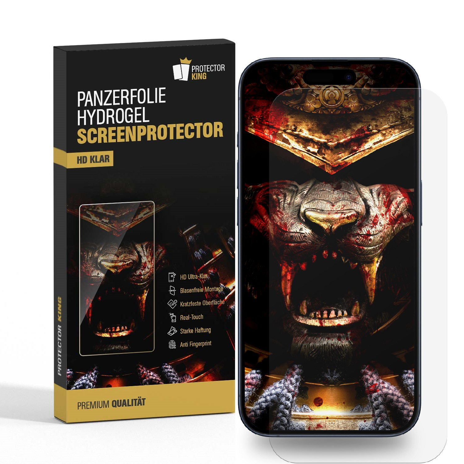 Handy-Displayschutz, Löwenbild auf dem Telefon. Verpackung links.