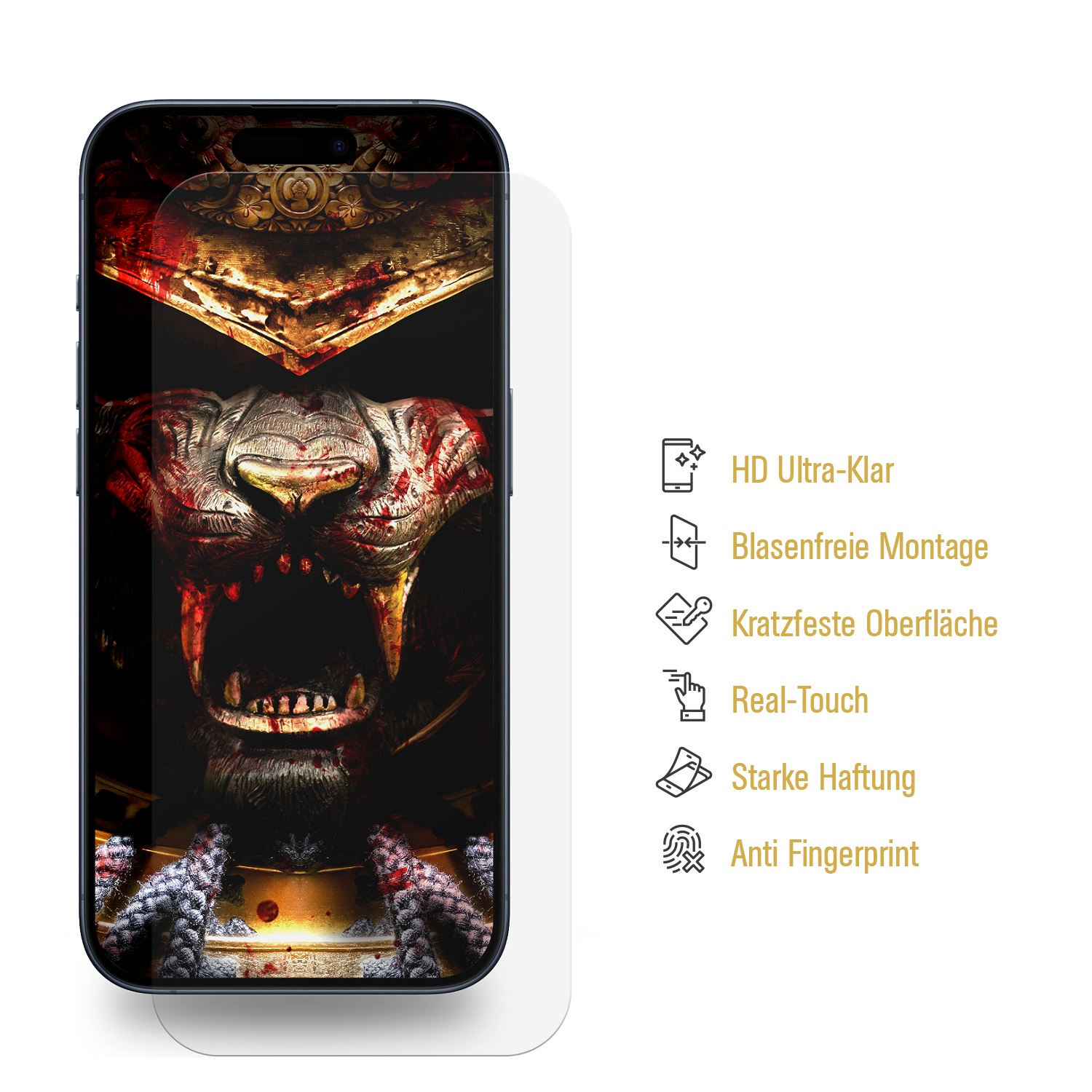 Ein Smartphone mit Displayschutz, der ein Löwengesicht zeigt. Symbole weisen auf Funktionen wie HD-Klarheit und starke Haftung hin.