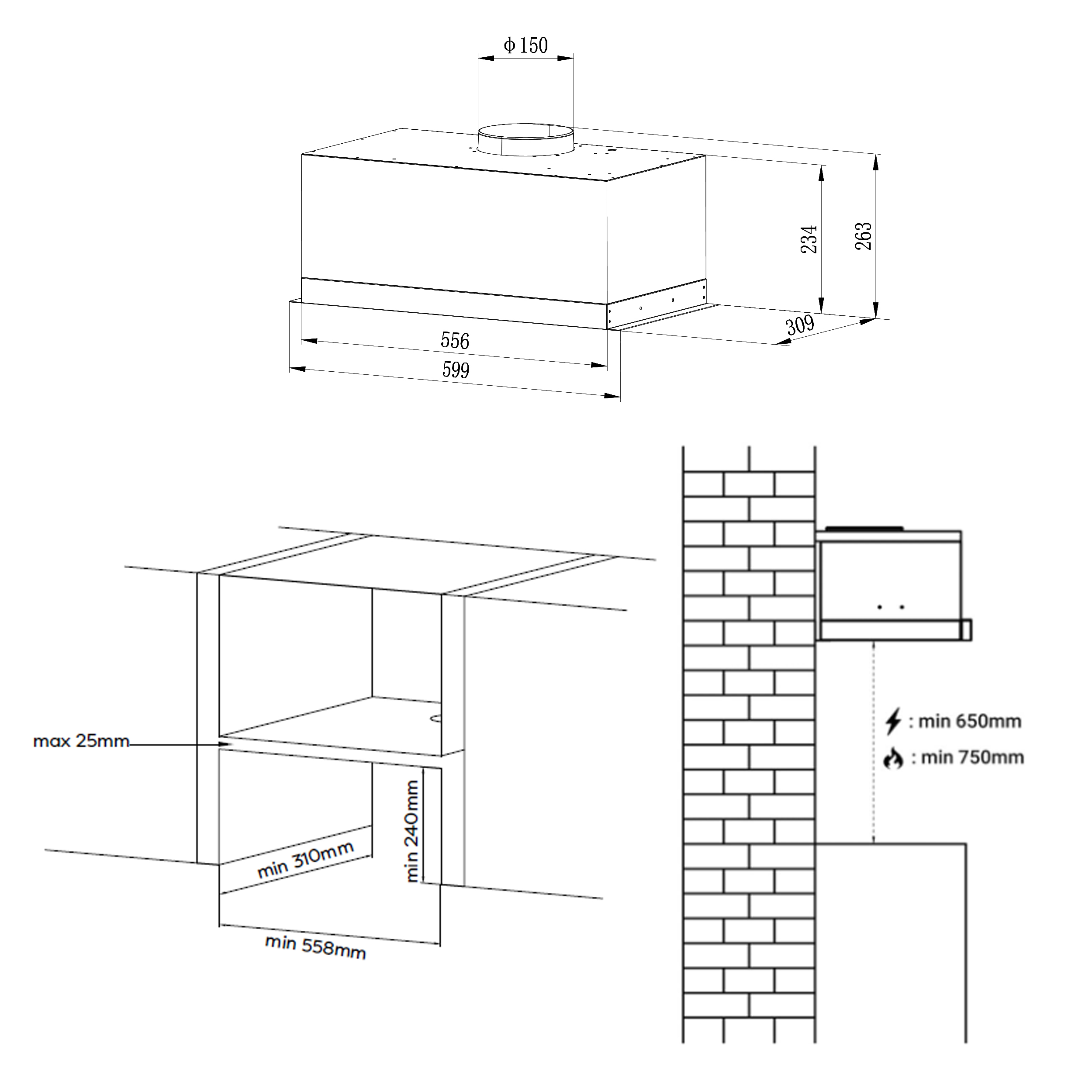 Diagramm der Küchenhaubeninstallation. Zeigt Abmessungen und Montageanforderungen in mm.