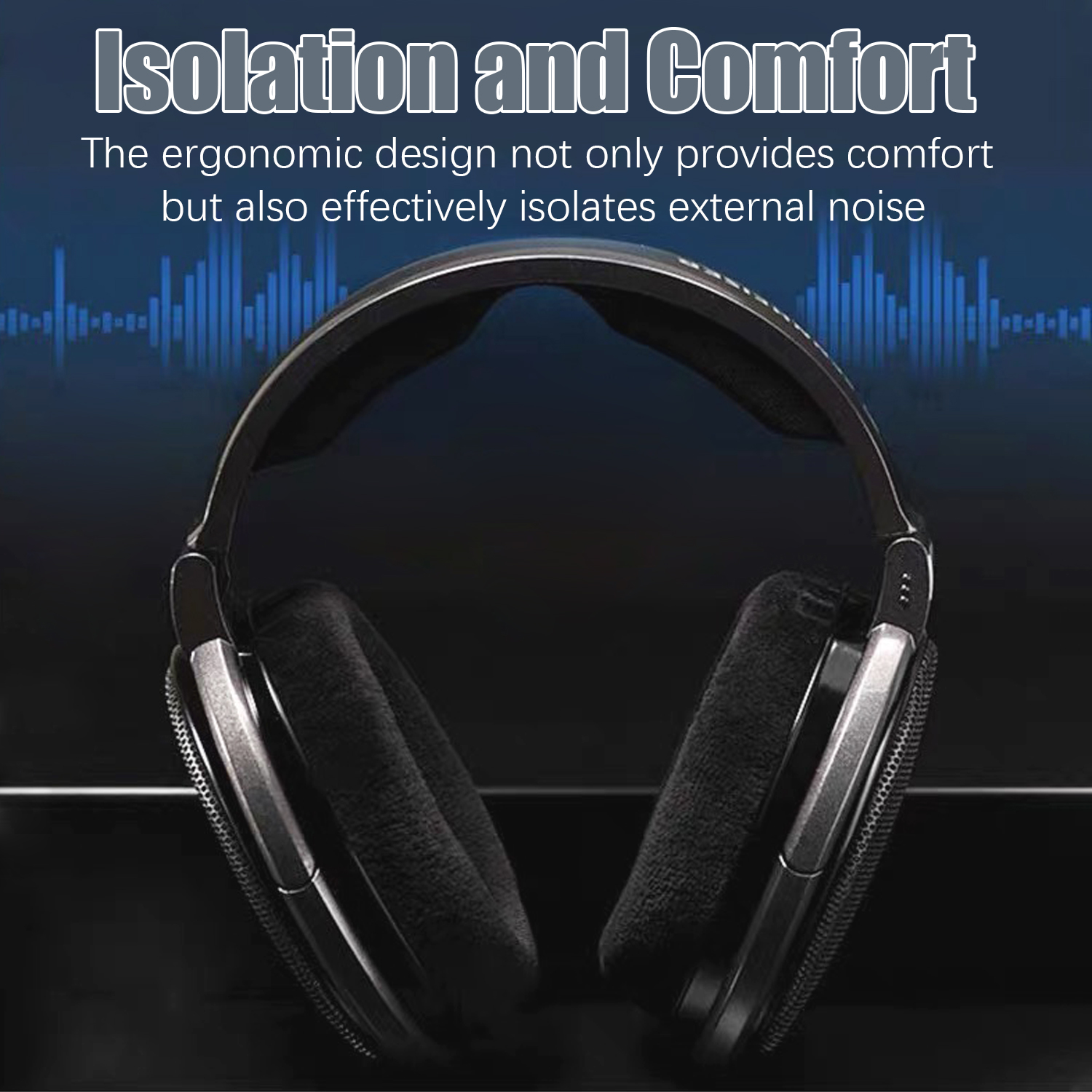 Czarne słuchawki z dużymi nausznicami. Tekst: „Izolacja i komfort”. Obraz ma ciemne tło.