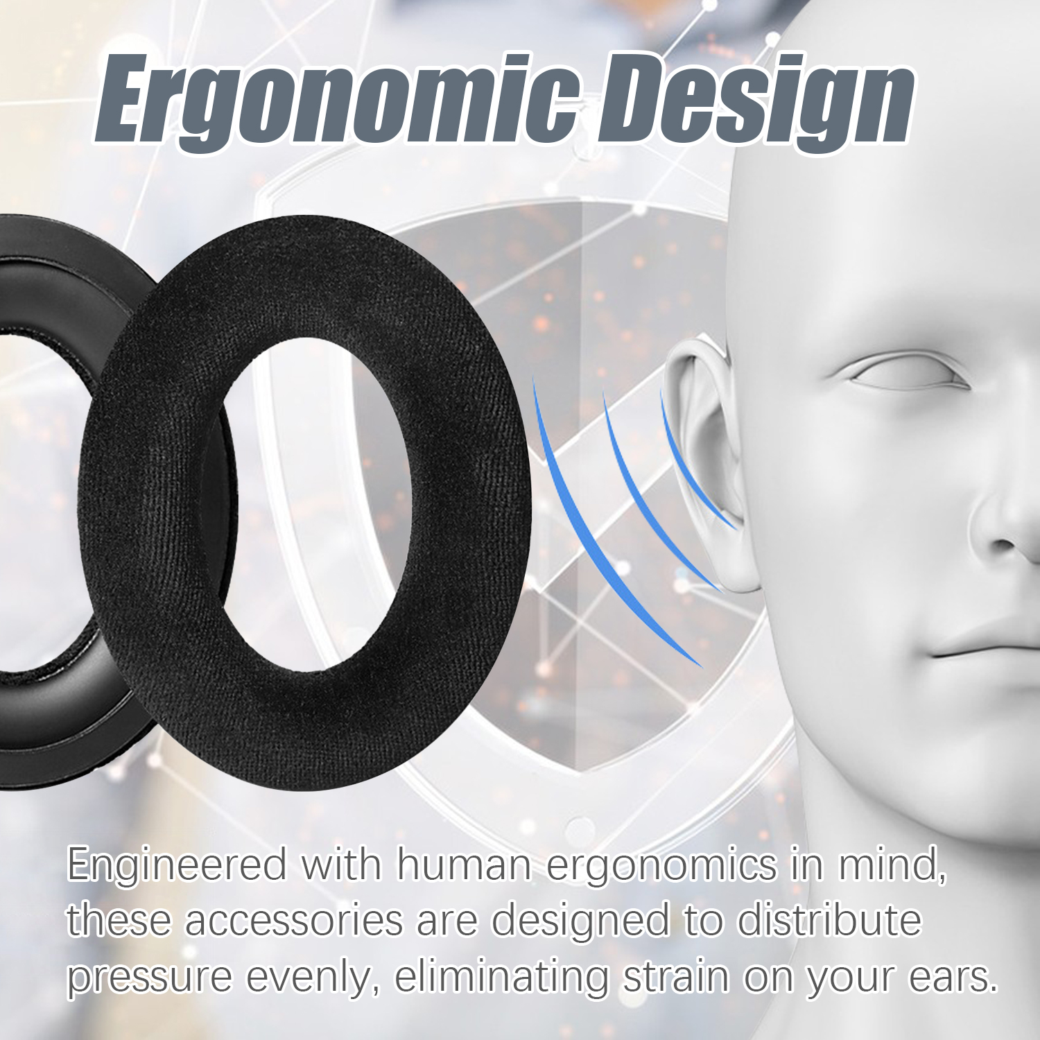 Nauszniki i grafika pokazująca ergonomię ucha.