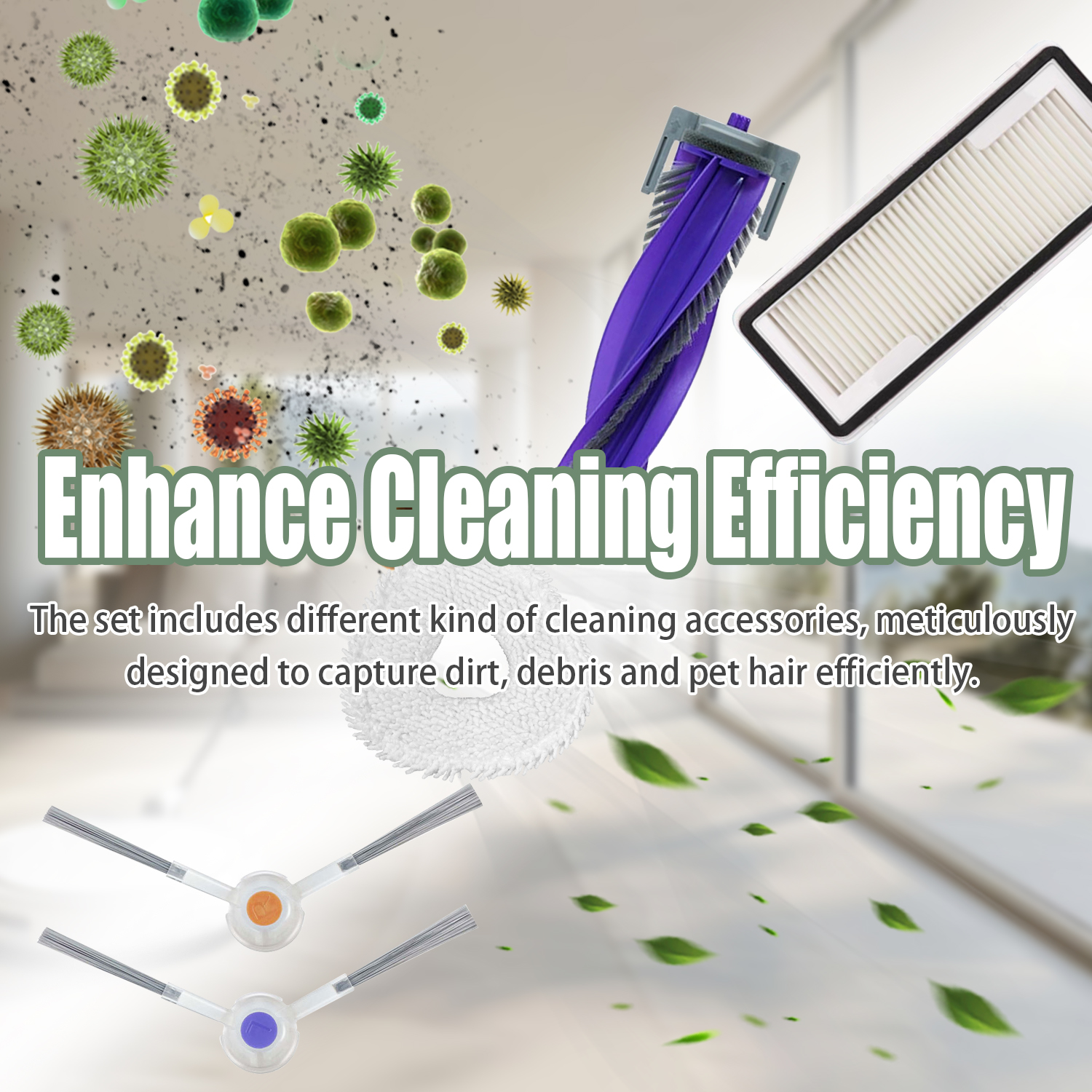 Akcesoria do czyszczenia. Obrazek przedstawia akcesoria do czyszczenia. Tekst mówi: Zwiększ wydajność czyszczenia.