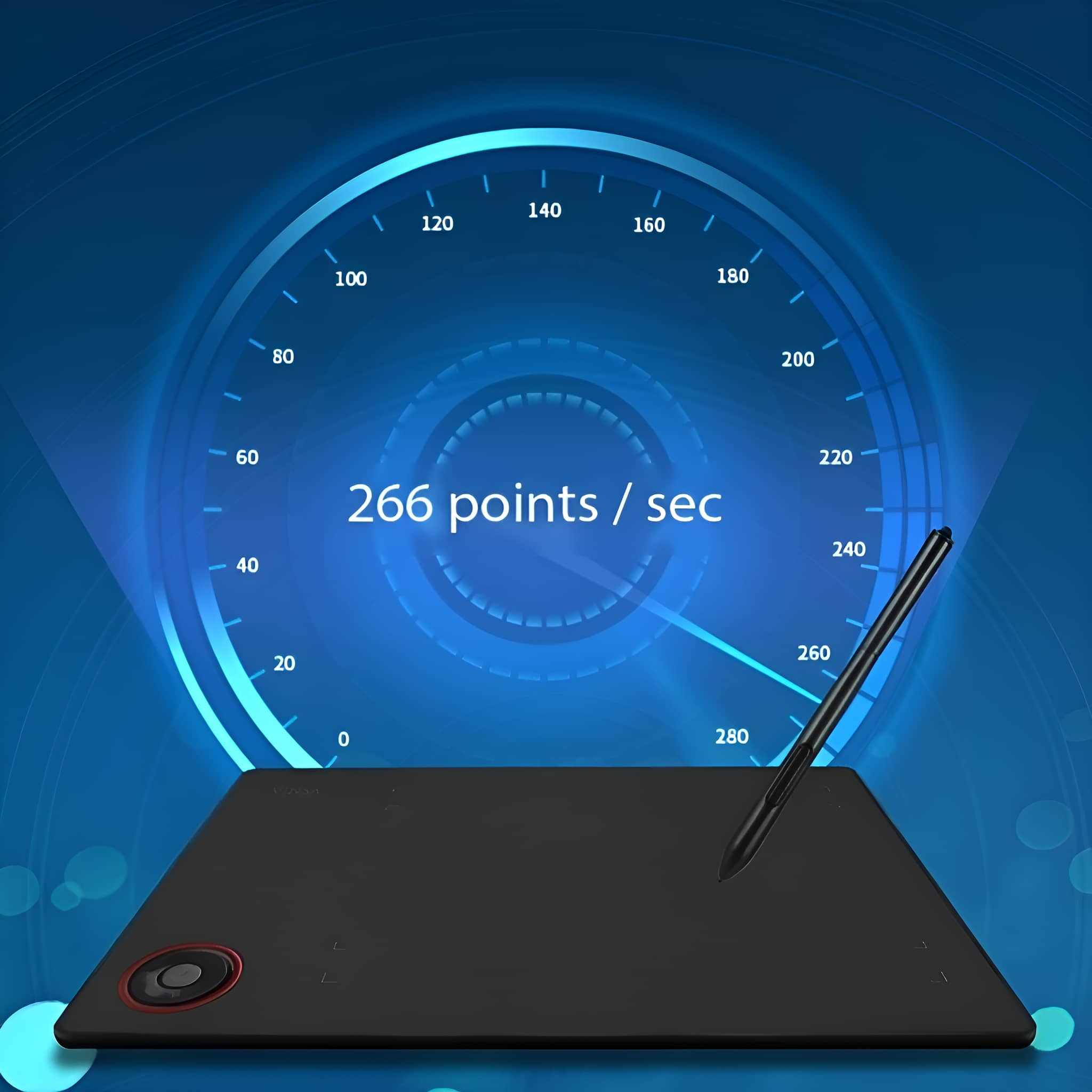 Schwarzes Tablet und Stift. Ein Messgerät zeigt 266 Punkte/Sek. Blauer Hintergrund mit Linien.