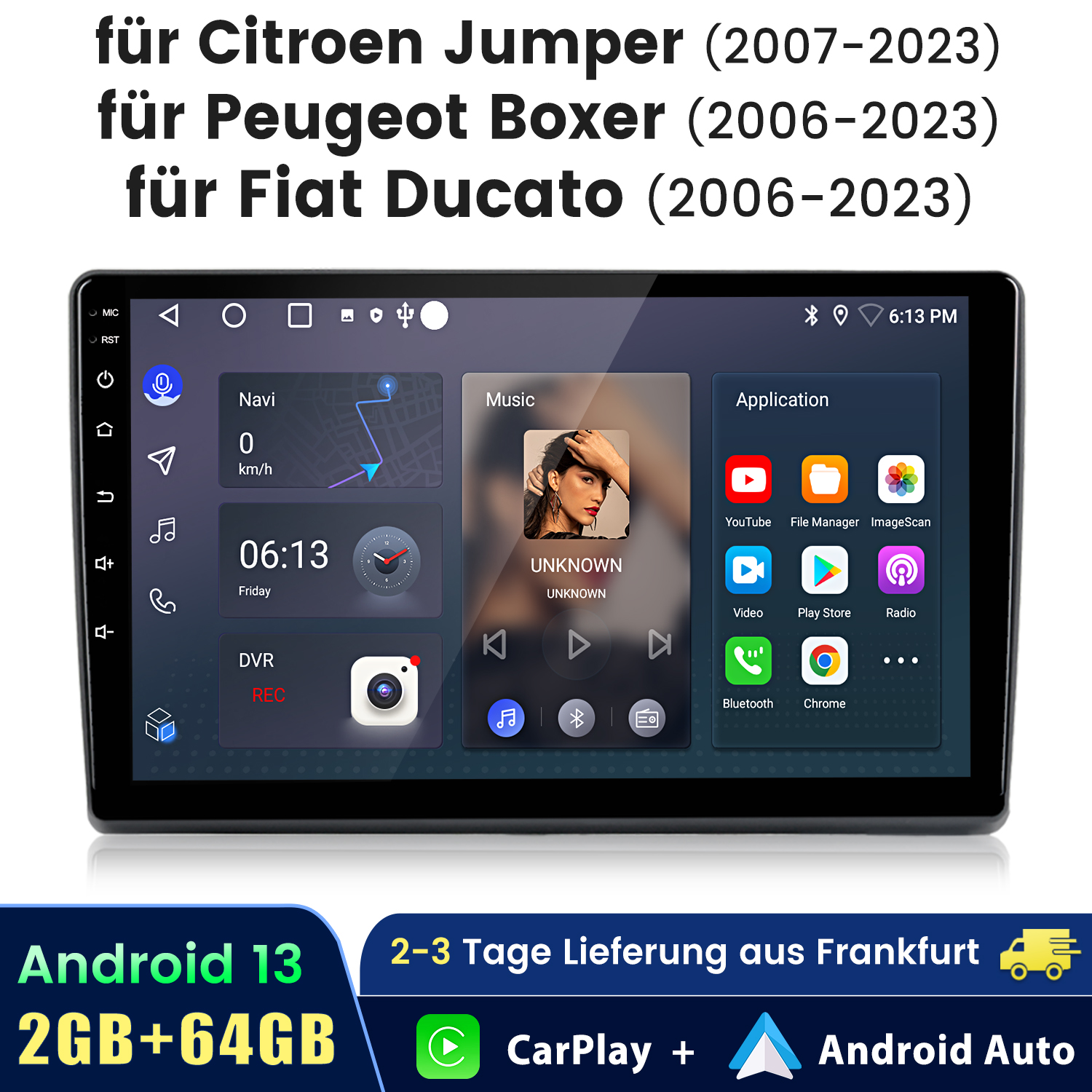 Ein Auto-Multimedia-System, das Navigation, Musik und Apps anzeigt, schwarzer Hintergrund.