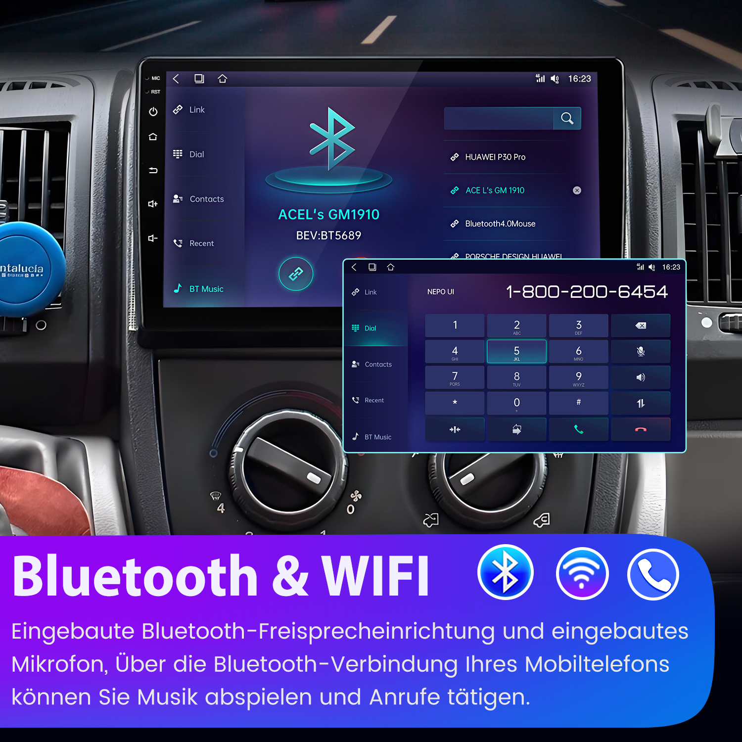 Autoradio-Bildschirm mit Menüs, Telefonwählfunktion und Bluetooth-Verbindungsoptionen.