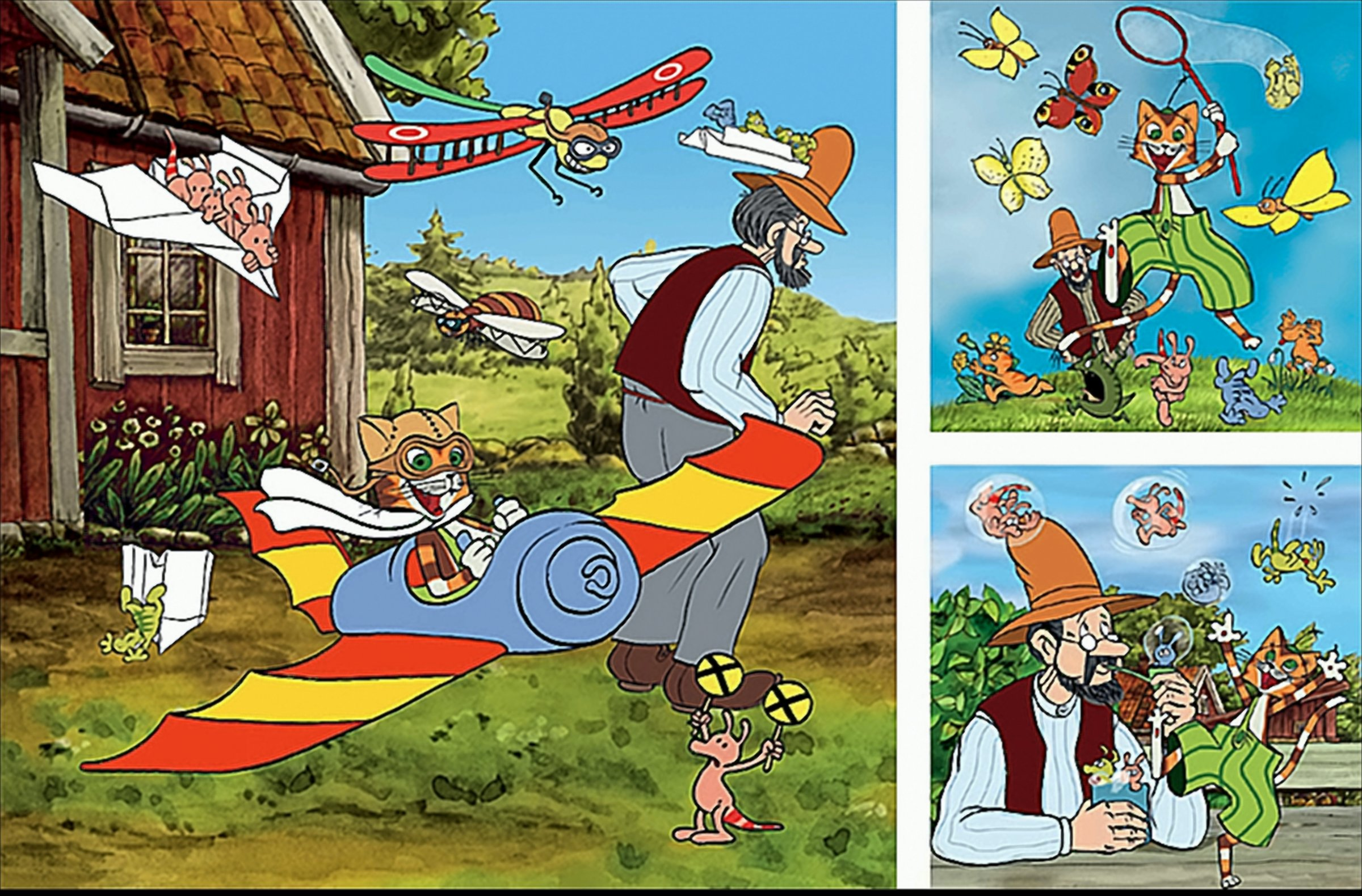 Scena dei cartoni animati: uomo, gatto e conigli in aria. Uomo che corre con il gatto su un aereo, farfalle e altri veicoli.