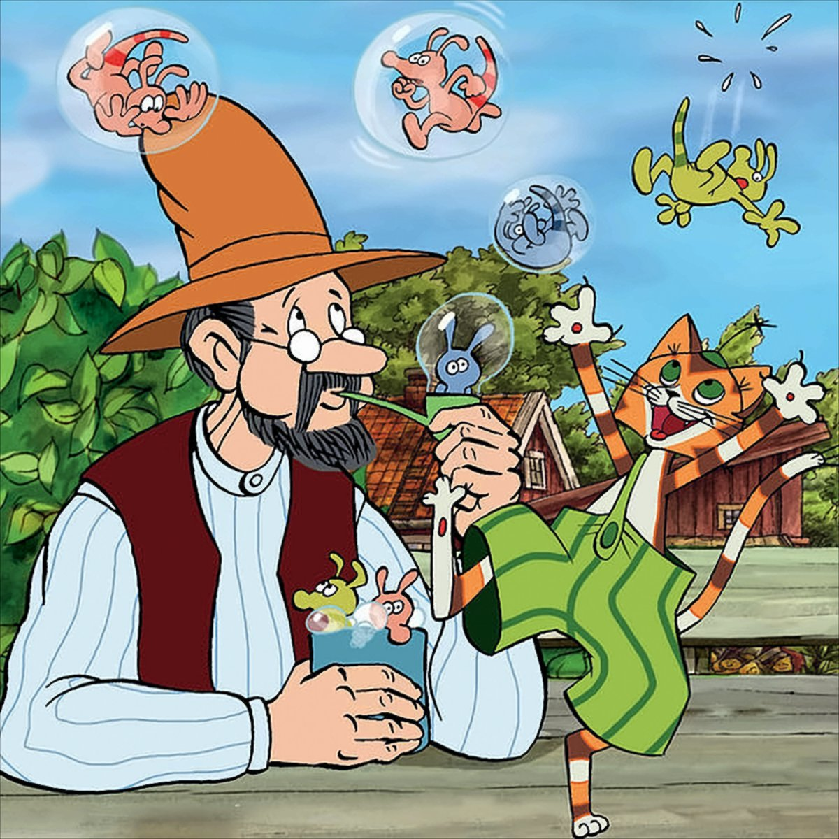 Uomo dei cartoni animati che fuma la pipa, bolle con conigli che fluttuano. Il gatto è eccitato. La scena è ambientata all'aperto.