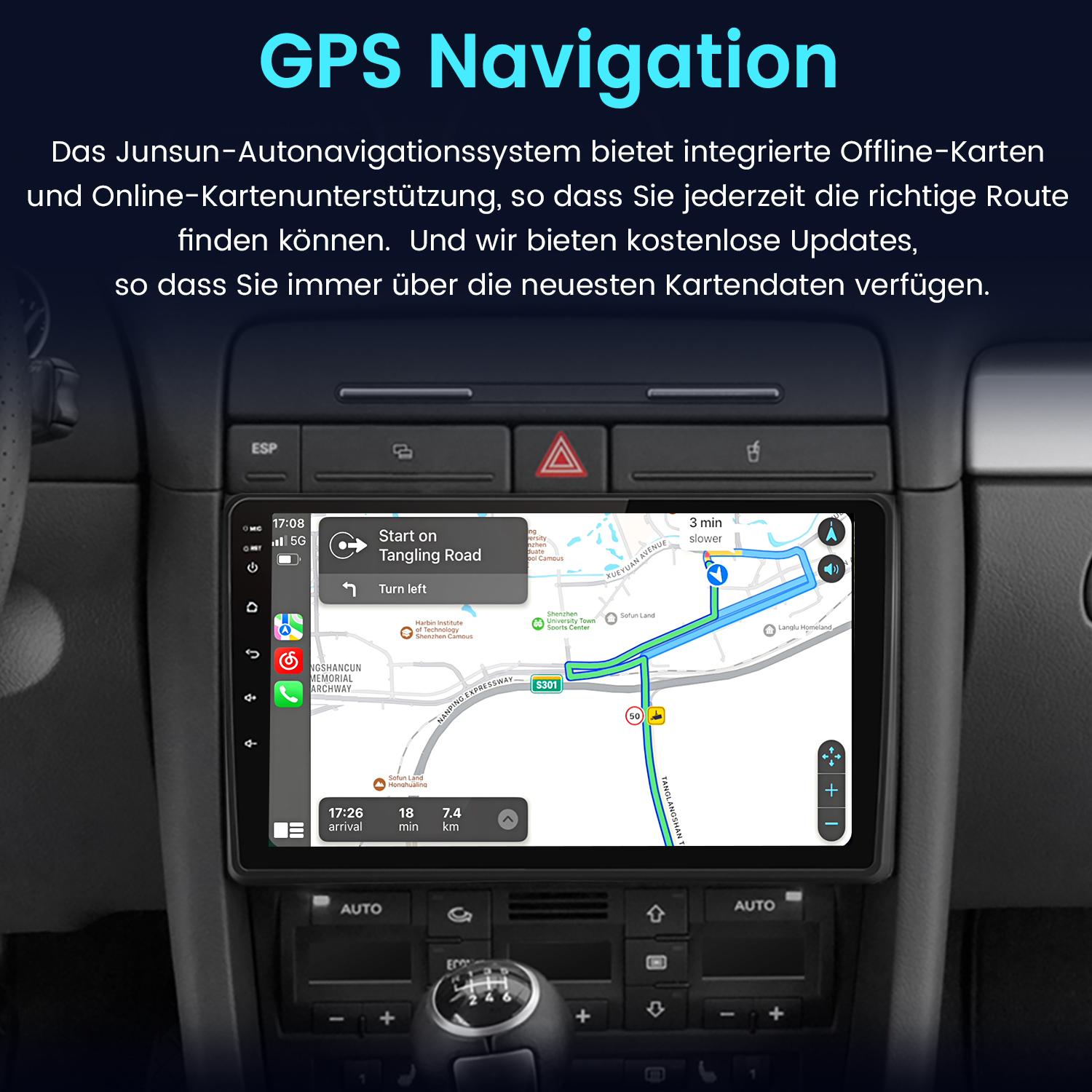 Auto-Armaturenbrett mit Navigation, Karte und Wegbeschreibung.