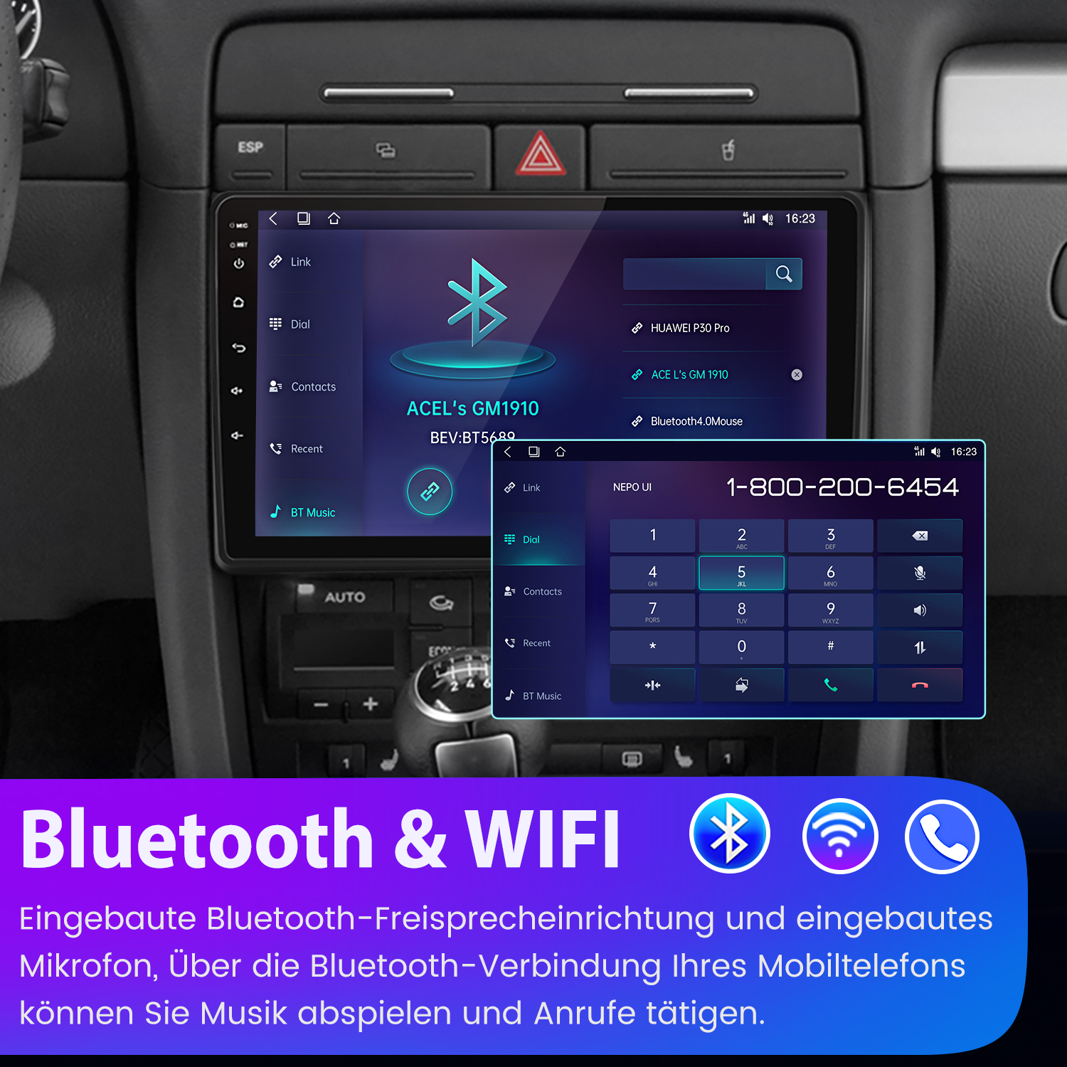 Samochodowy system multimedialny z interfejsami telefonu i muzyki wyświetlanymi na ekranie. Tekst Bluetooth & WiFi.