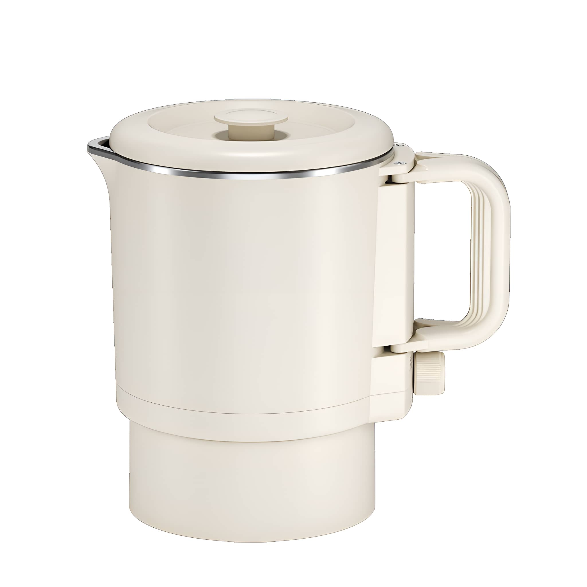 Cremefarbener Wasserkocher mit Griff und Deckel.