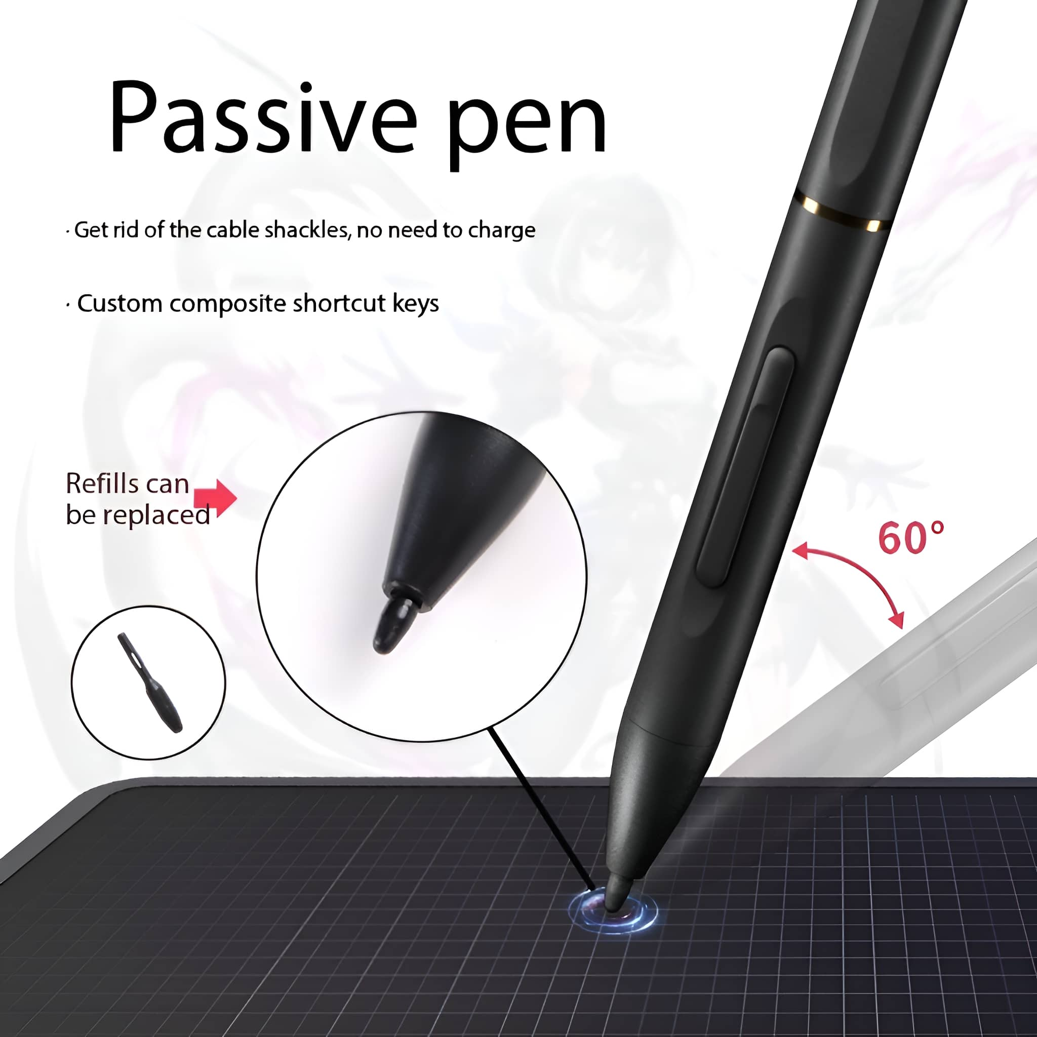 Schwarzer, passiver Stift mit Zoom auf die Spitze und dem Winkel. Der Text sagt, er muss nicht geladen werden.