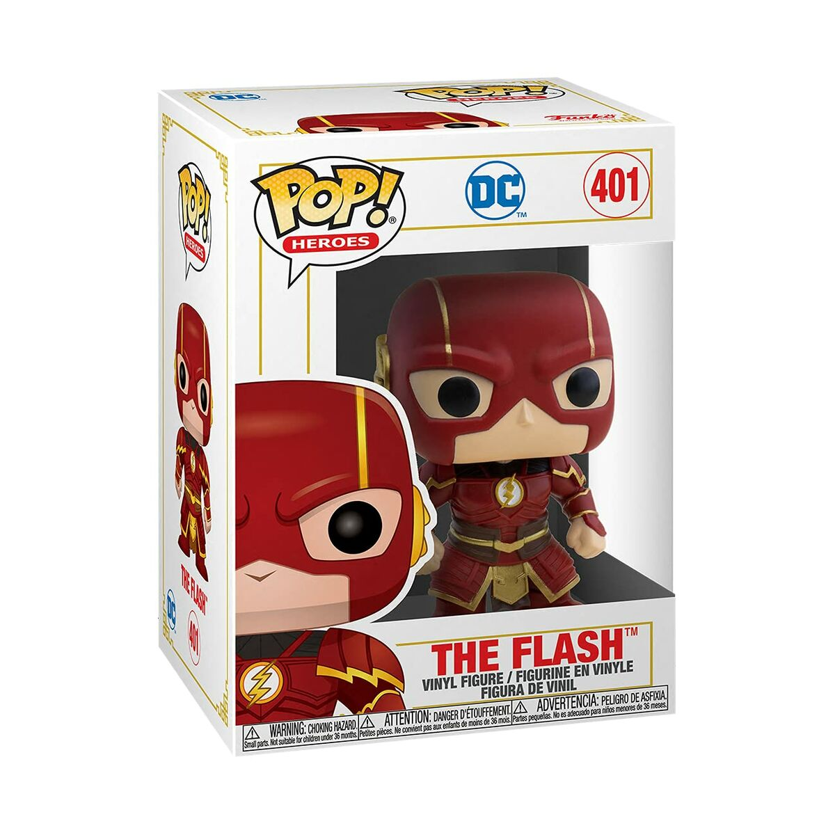 Flash Funko Pop in scatola. Abito rosso, dettagli gialli, sfondo bianco. DC Comics.
