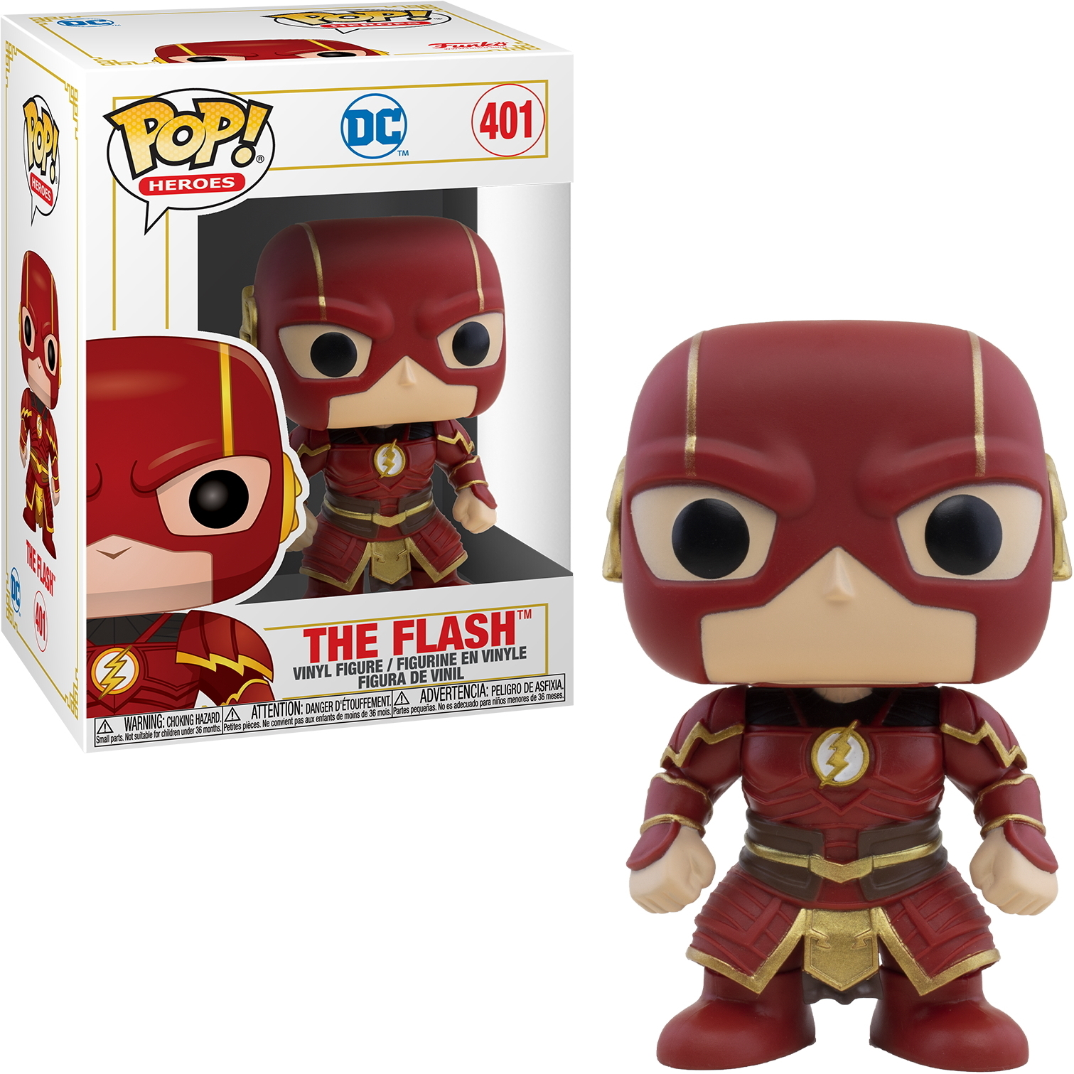 Action figure di Flash con scatola. Costume rosso e oro. Sfondo bianco.