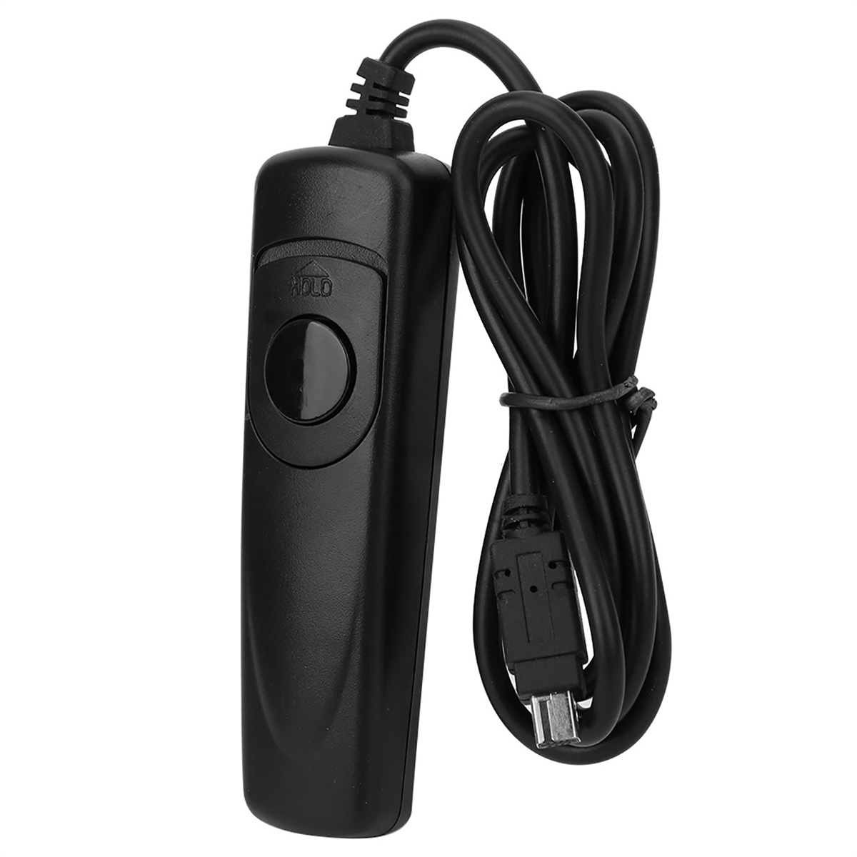 Schwarze Fernbedienung mit „HOLD“-Taste und USB-Kabel zur Kamerasteuerung.